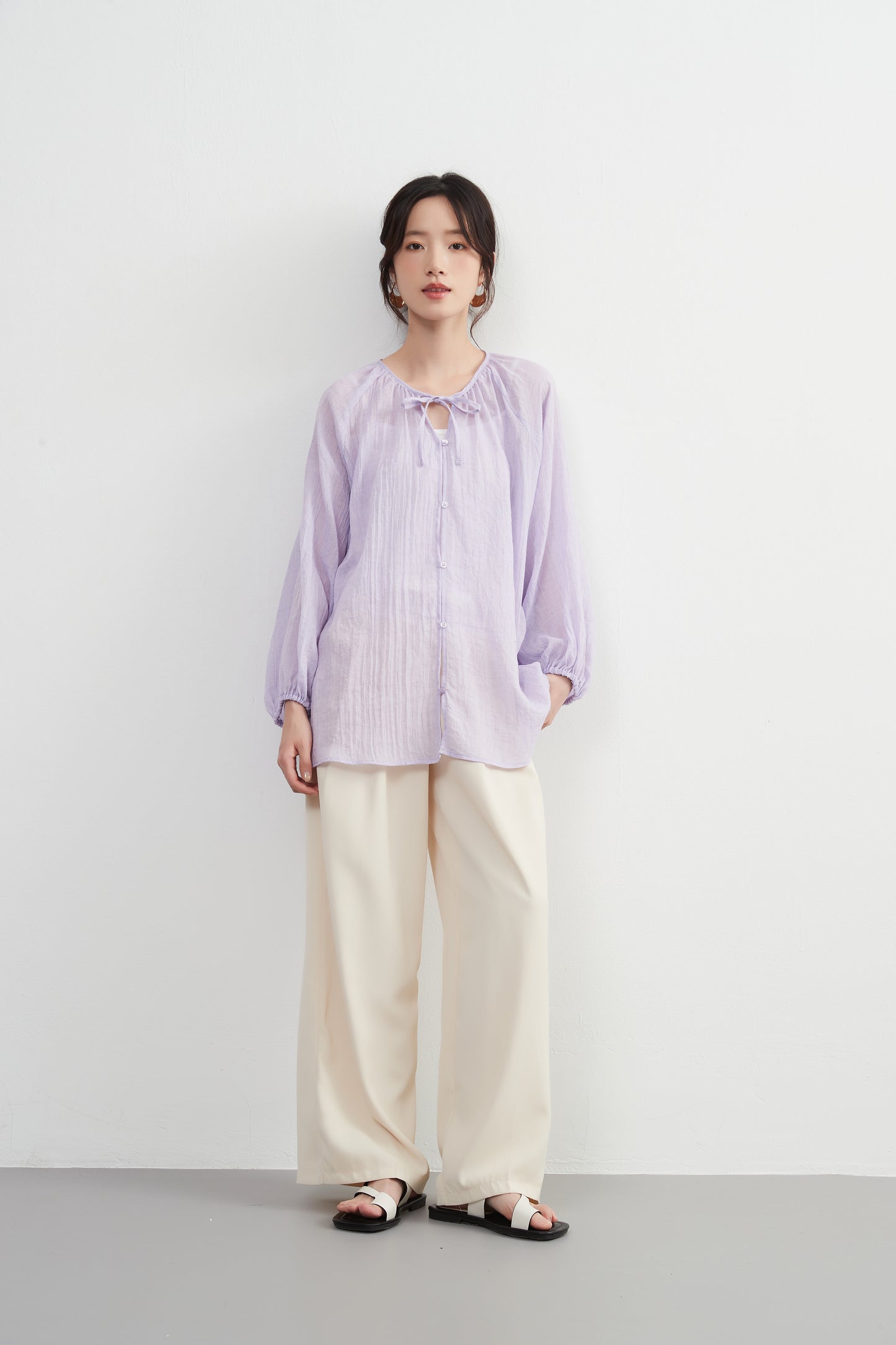 KNXT518 - Sheer cotton blend long sleeve gathered blouse, protection from the sun and air conditioning, lightweight cardigan in a pretty color