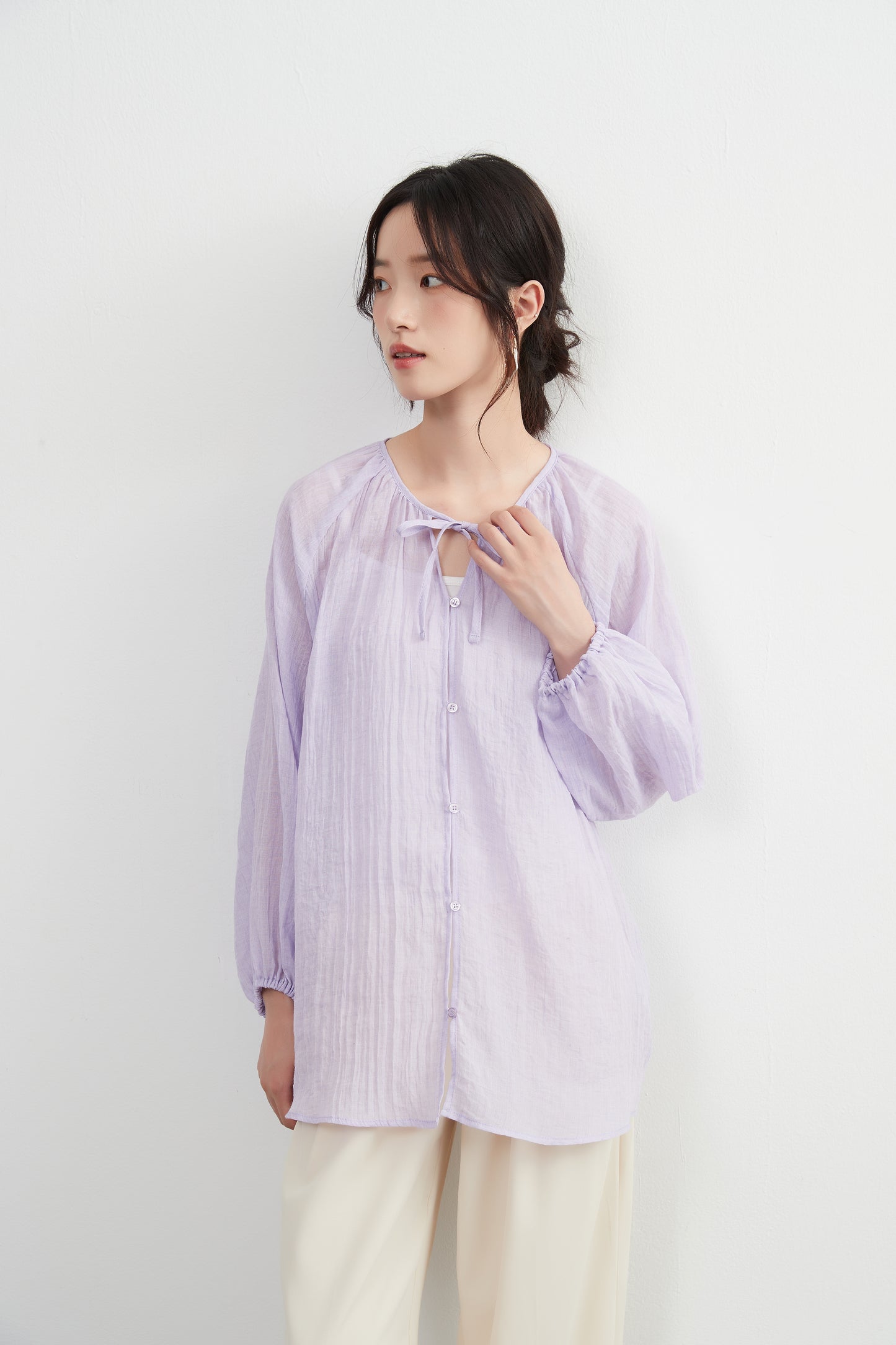 KNXT518 - Sheer cotton blend long sleeve gathered blouse, protection from the sun and air conditioning, lightweight cardigan in a pretty color