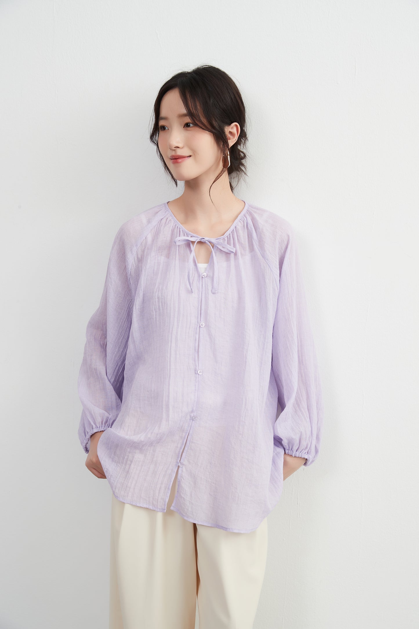 KNXT518 - Sheer cotton blend long sleeve gathered blouse, protection from the sun and air conditioning, lightweight cardigan in a pretty color