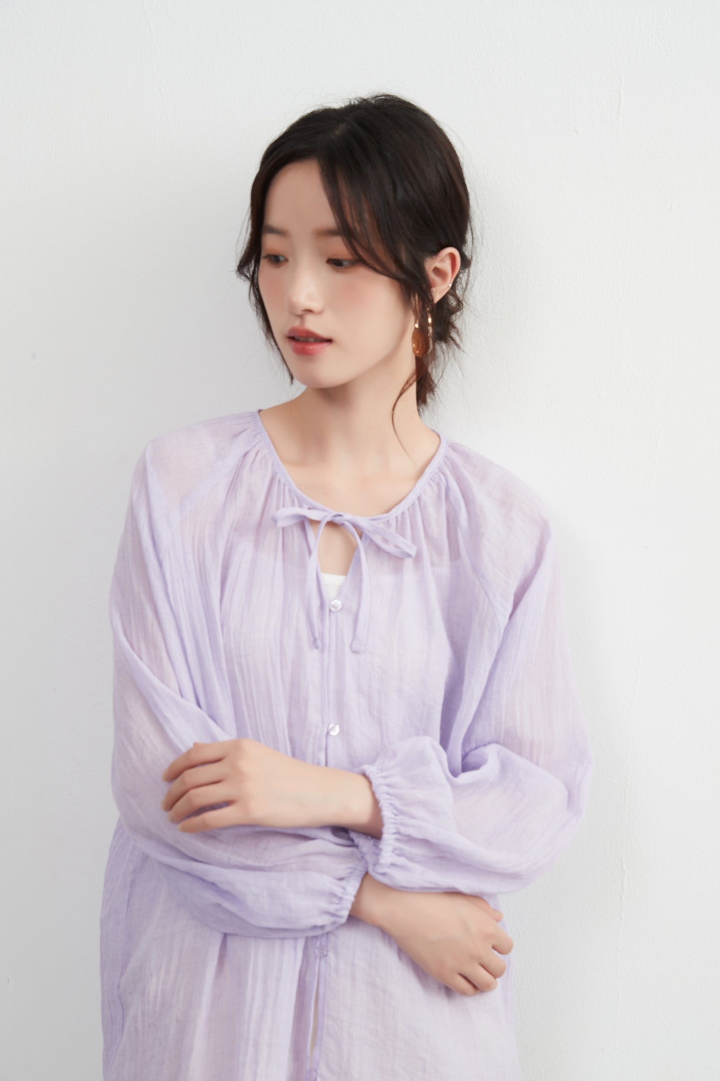 KNXT518 - Sheer cotton blend long sleeve gathered blouse, protection from the sun and air conditioning, lightweight cardigan in a pretty color