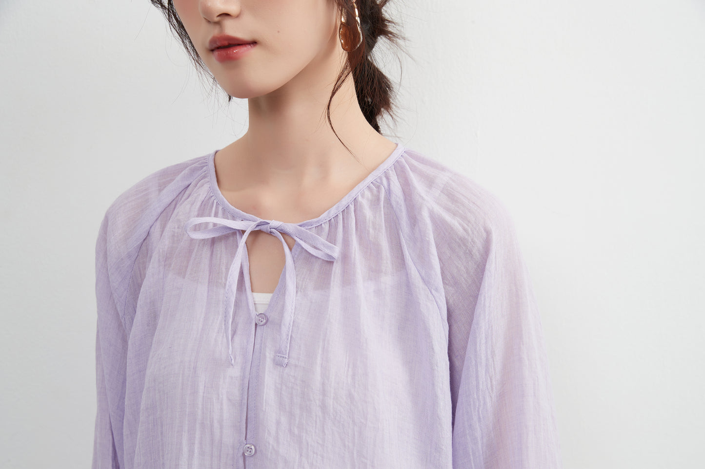 KNXT518 - Sheer cotton blend long sleeve gathered blouse, protection from the sun and air conditioning, lightweight cardigan in a pretty color