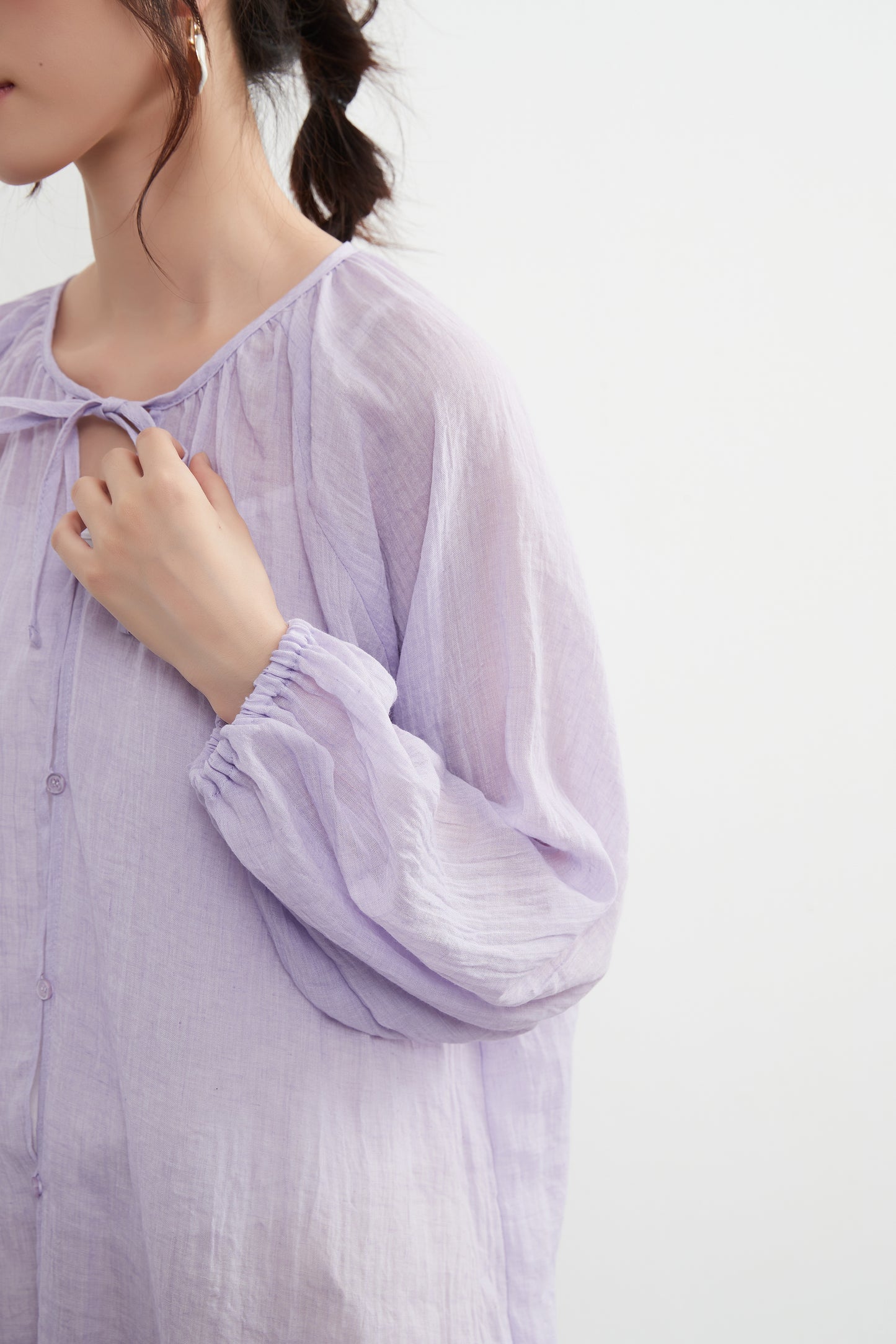 KNXT518 - Sheer cotton blend long sleeve gathered blouse, protection from the sun and air conditioning, lightweight cardigan in a pretty color