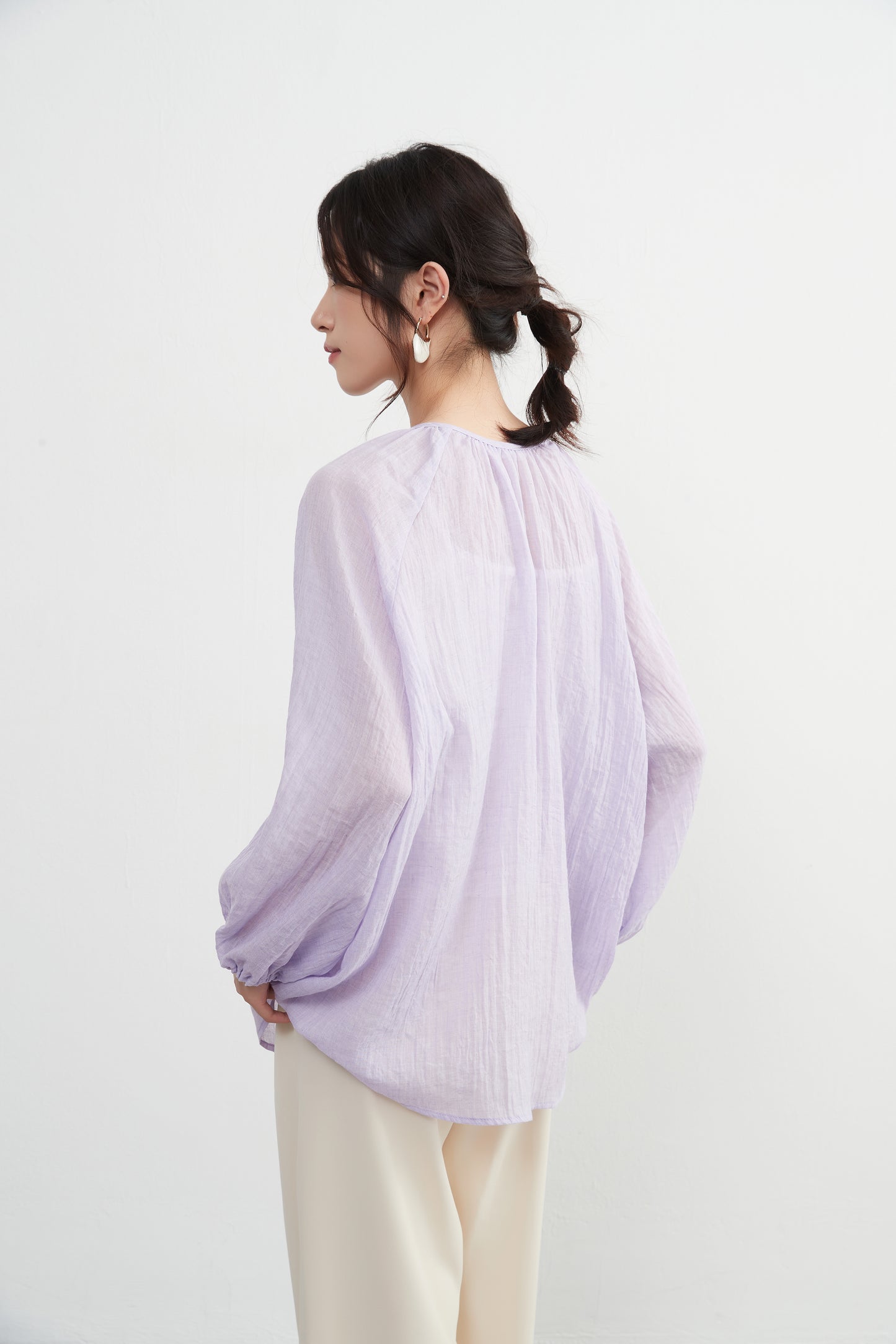 KNXT518 - Sheer cotton blend long sleeve gathered blouse, protection from the sun and air conditioning, lightweight cardigan in a pretty color