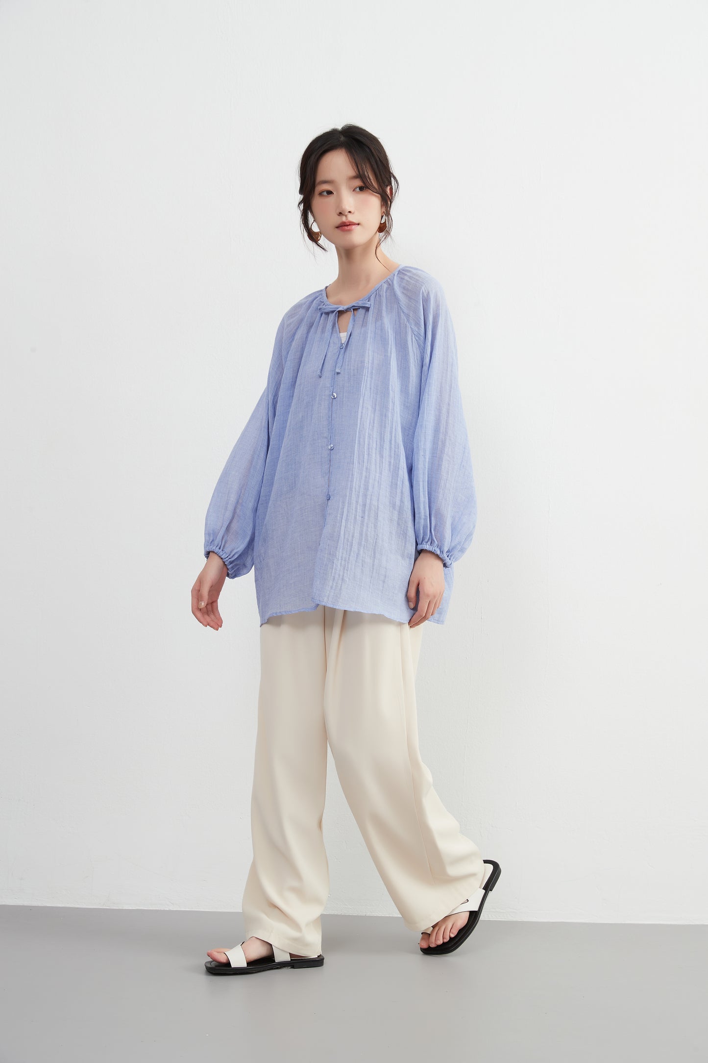 KNXT518 - Sheer cotton blend long sleeve gathered blouse, protection from the sun and air conditioning, lightweight cardigan in a pretty color