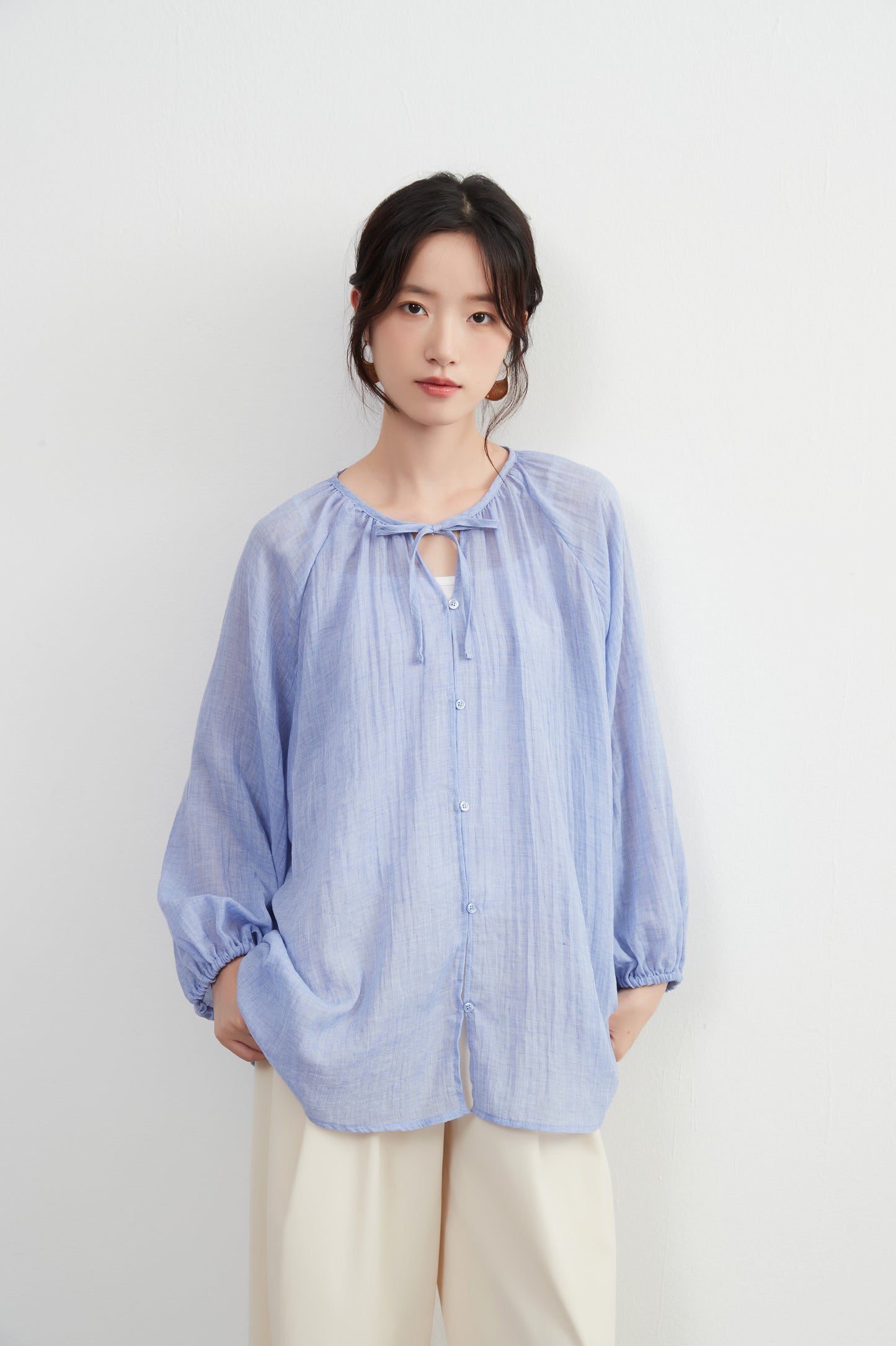 KNXT518 - Sheer cotton blend long sleeve gathered blouse, protection from the sun and air conditioning, lightweight cardigan in a pretty color