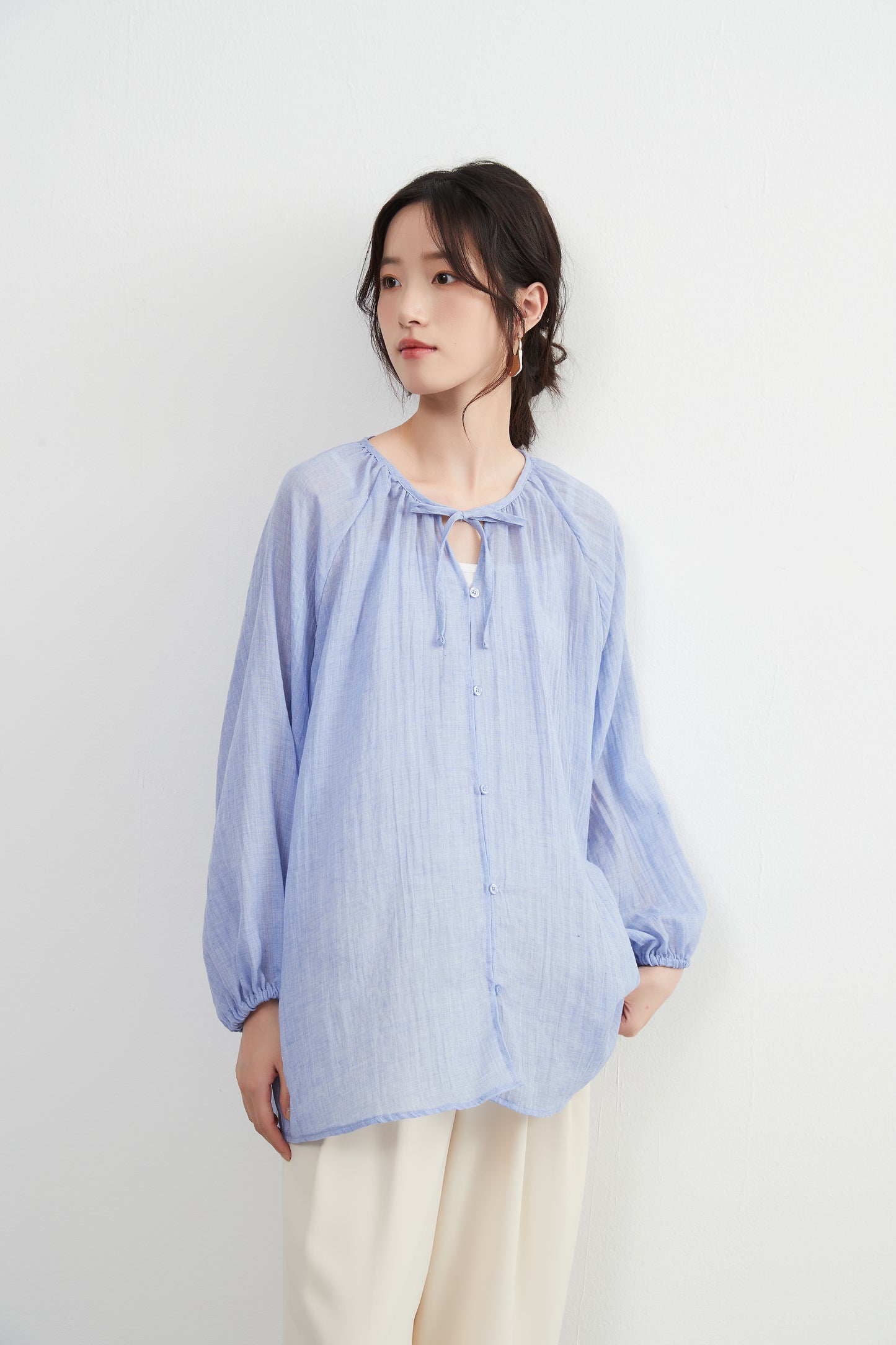 KNXT518 - Sheer cotton blend long sleeve gathered blouse, protection from the sun and air conditioning, lightweight cardigan in a pretty color