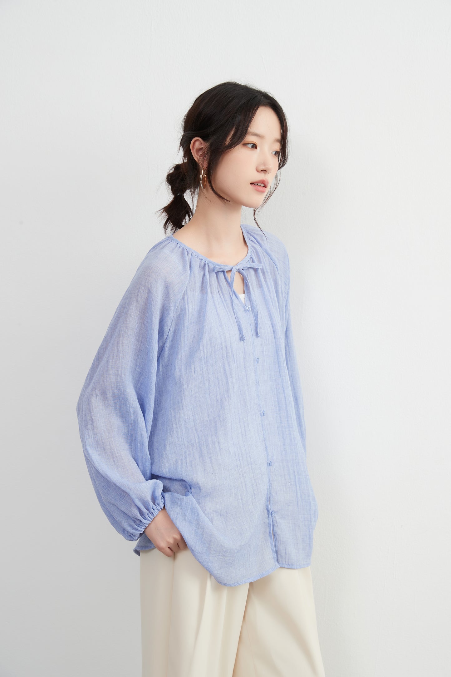 KNXT518 - Sheer cotton blend long sleeve gathered blouse, protection from the sun and air conditioning, lightweight cardigan in a pretty color