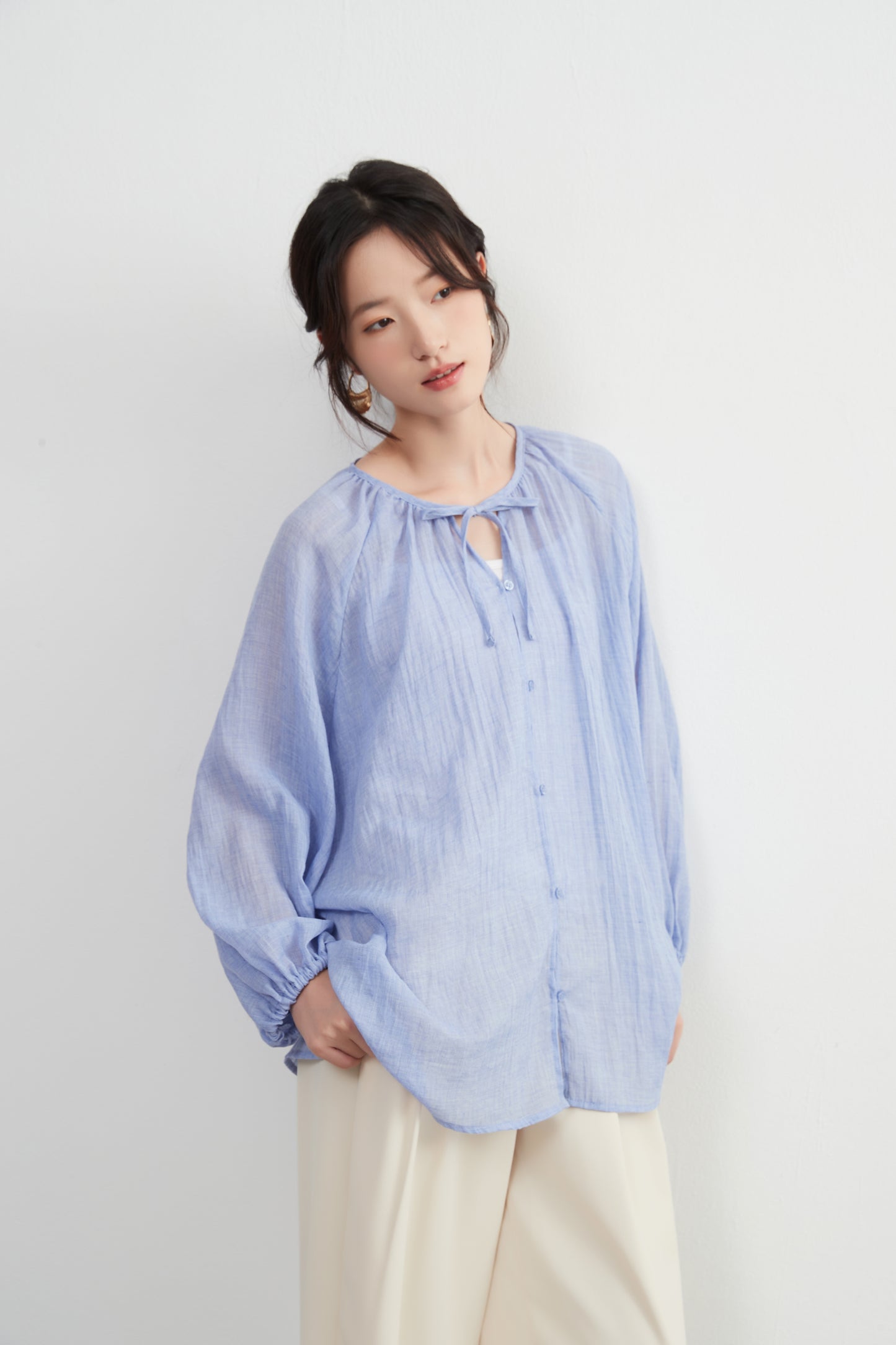 KNXT518 - Sheer cotton blend long sleeve gathered blouse, protection from the sun and air conditioning, lightweight cardigan in a pretty color