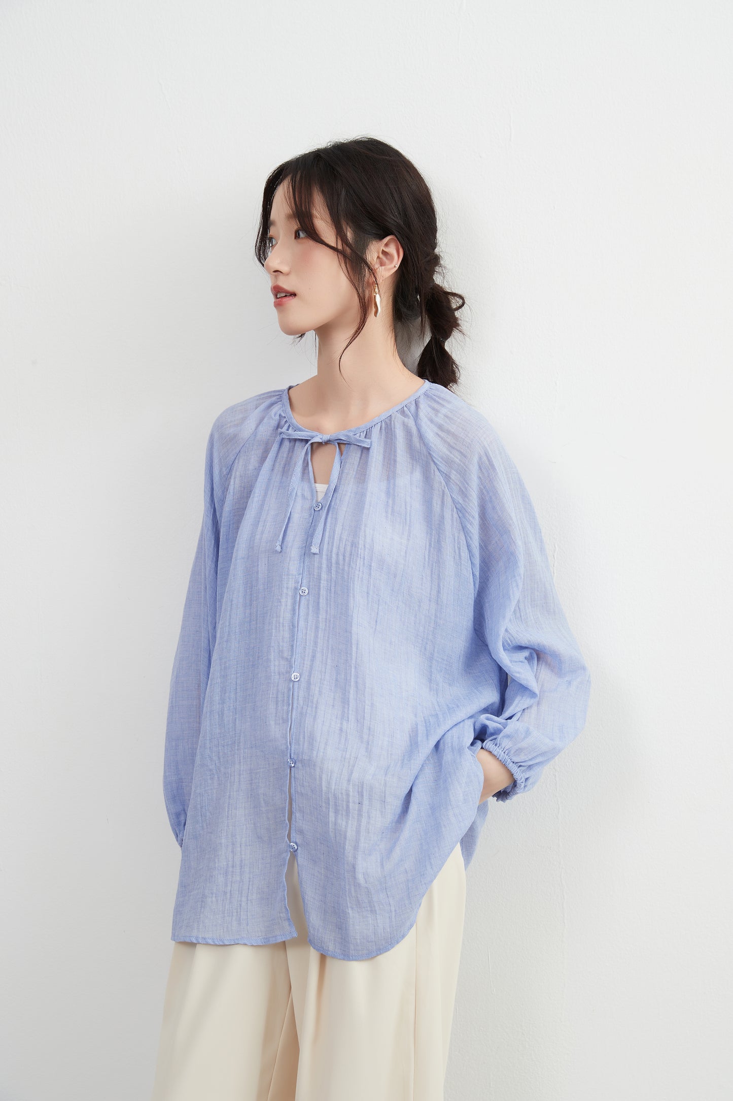 KNXT518 - Sheer cotton blend long sleeve gathered blouse, protection from the sun and air conditioning, lightweight cardigan in a pretty color