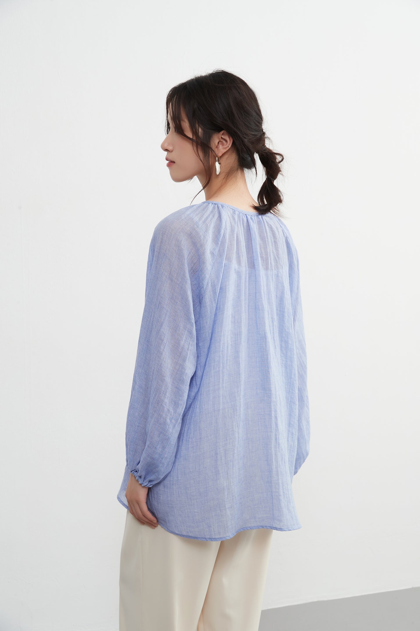 KNXT518 - Sheer cotton blend long sleeve gathered blouse, protection from the sun and air conditioning, lightweight cardigan in a pretty color