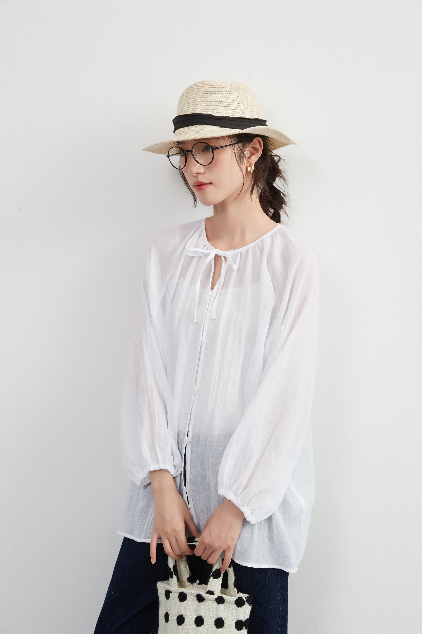 KNXT518 - Sheer cotton blend long sleeve gathered blouse, protection from the sun and air conditioning, lightweight cardigan in a pretty color