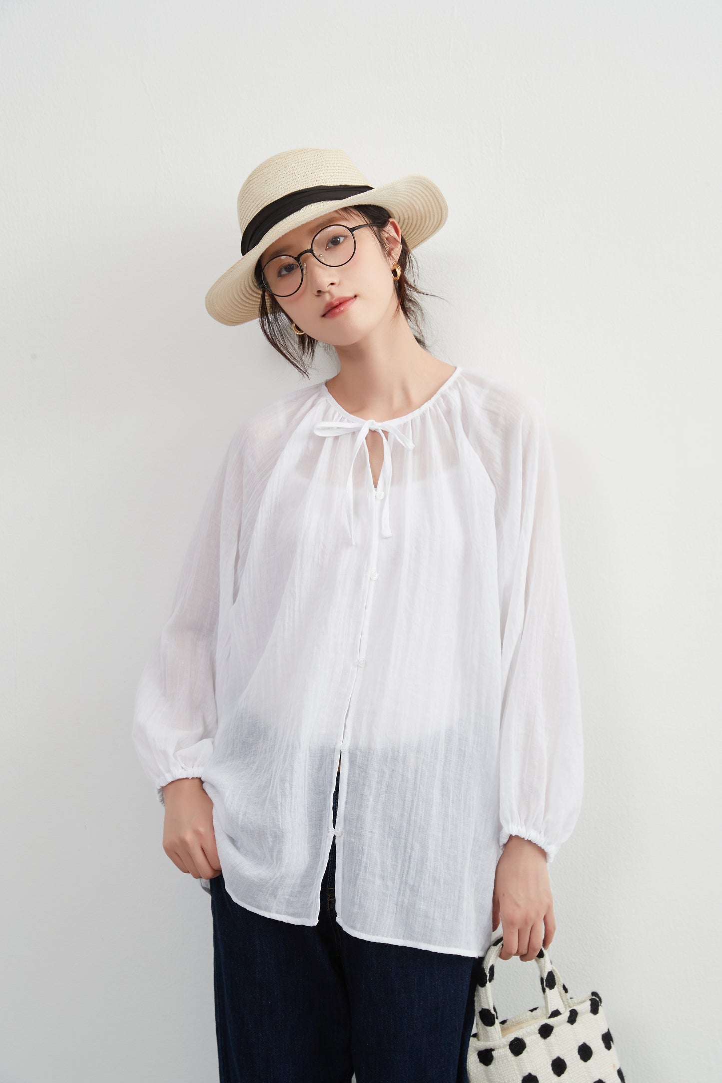 KNXT518 - Sheer cotton blend long sleeve gathered blouse, protection from the sun and air conditioning, lightweight cardigan in a pretty color