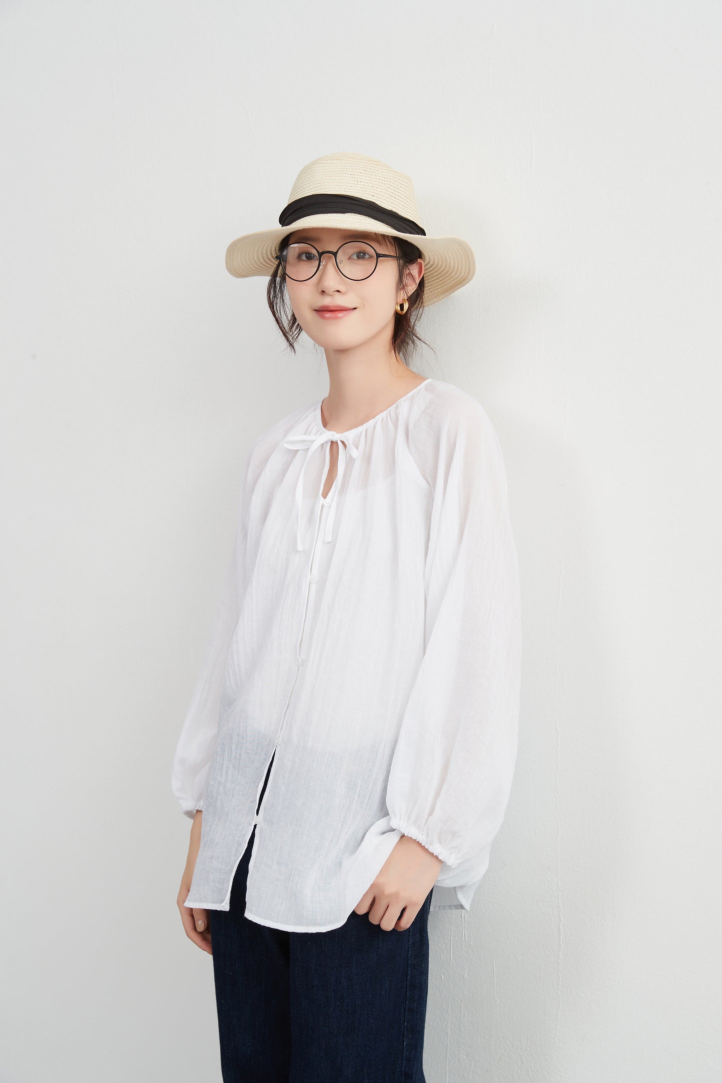 KNXT518 - Sheer cotton blend long sleeve gathered blouse, protection from the sun and air conditioning, lightweight cardigan in a pretty color