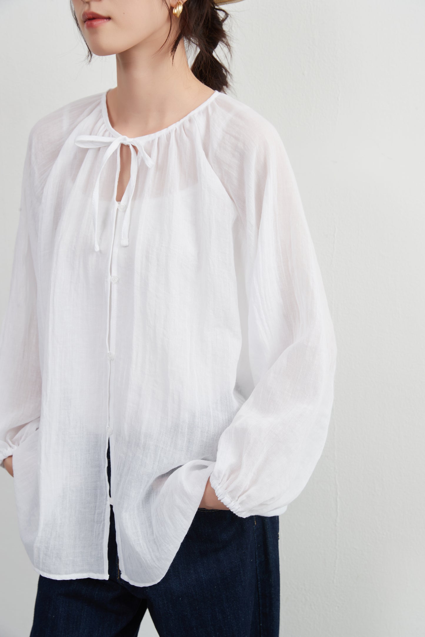 KNXT518 - Sheer cotton blend long sleeve gathered blouse, protection from the sun and air conditioning, lightweight cardigan in a pretty color