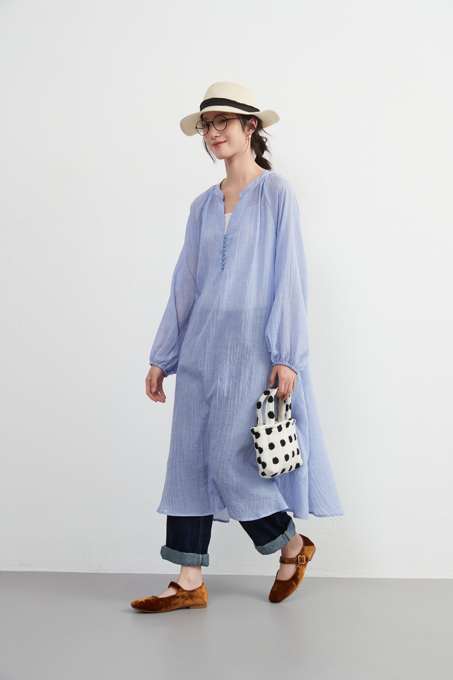 KNXO513 - Lightweight cotton blend sheer long sleeve tunic dress - Convenient for layering - Covers the body