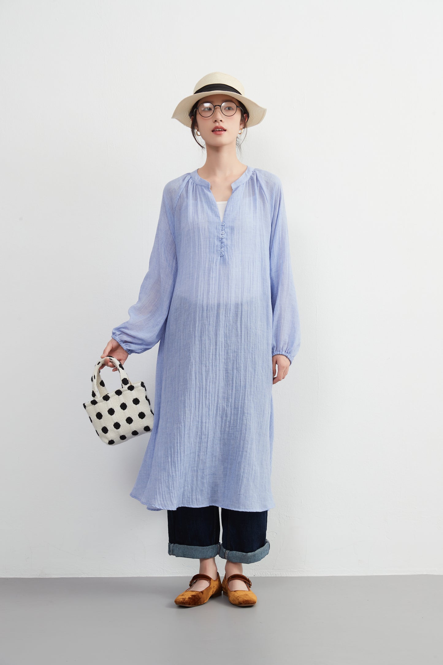 KNXO513 - Lightweight cotton blend sheer long sleeve tunic dress - Convenient for layering - Covers the body