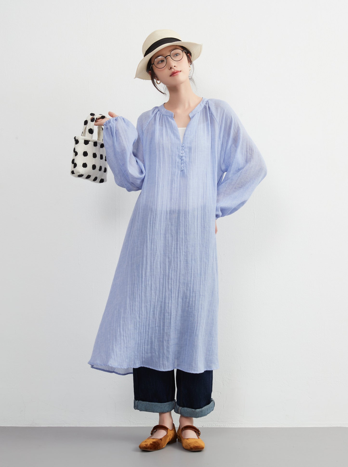 KNXO513 - Lightweight cotton blend sheer long sleeve tunic dress - Convenient for layering - Covers the body