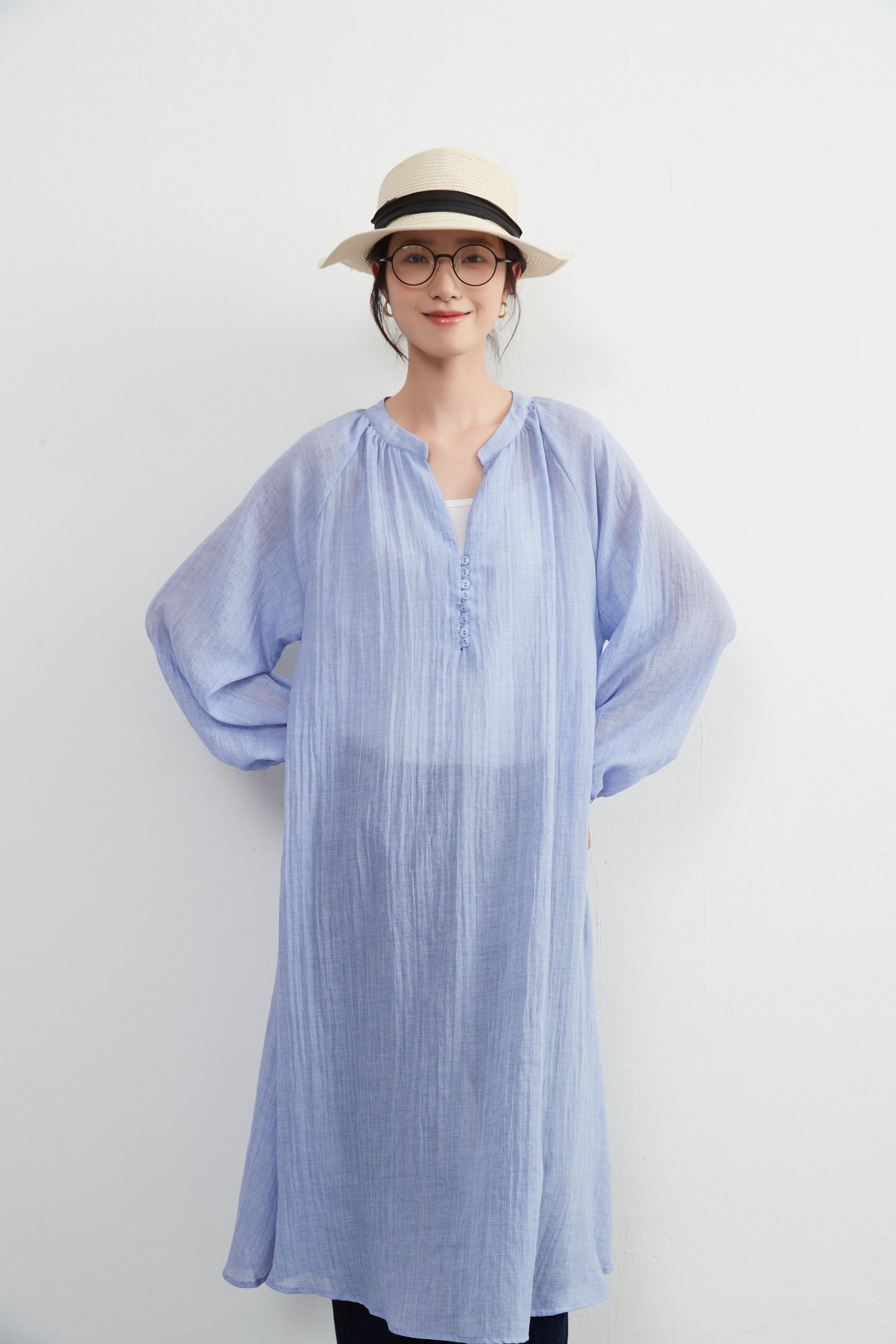 KNXO513 - Lightweight cotton blend sheer long sleeve tunic dress - Convenient for layering - Covers the body