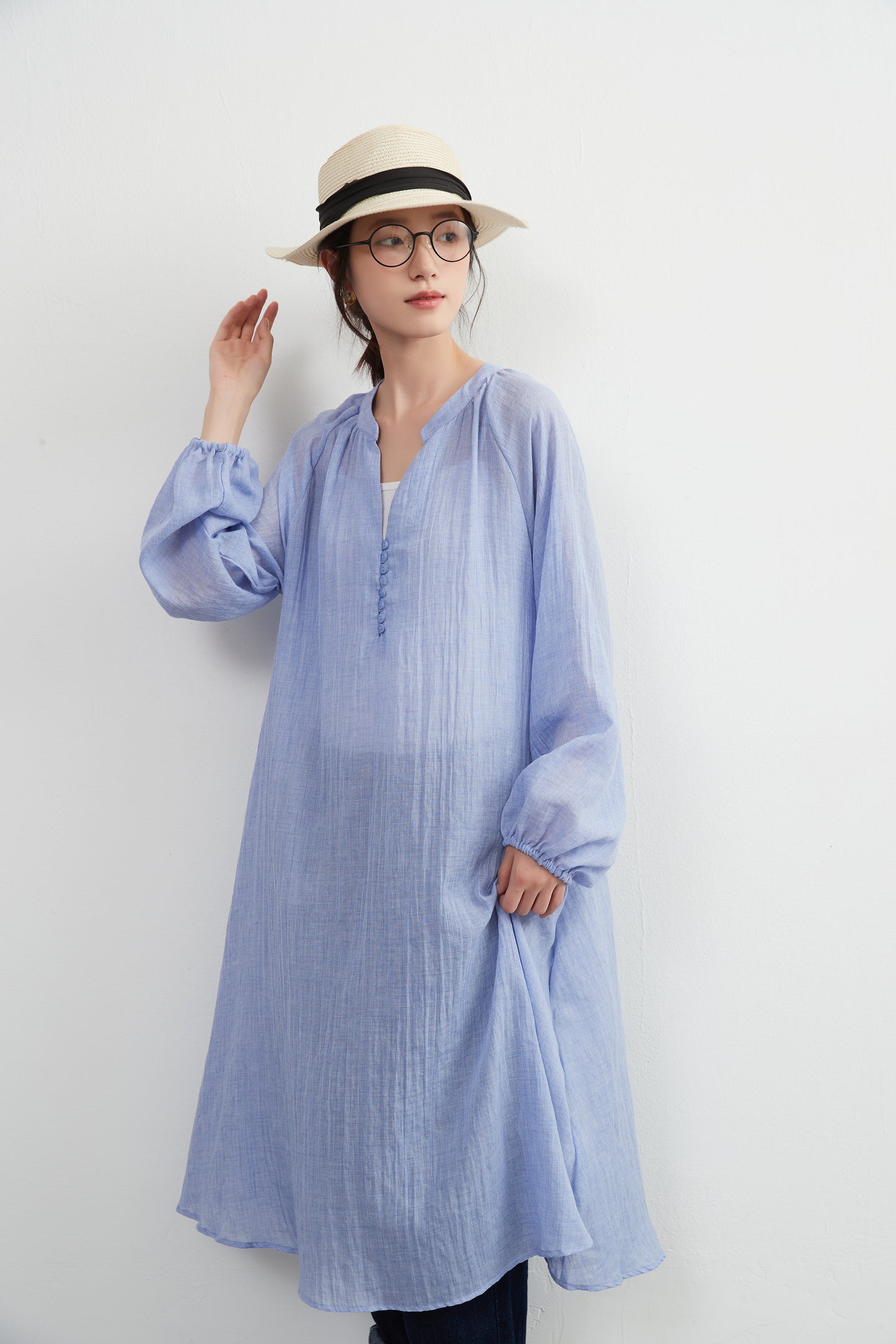 KNXO513 - Lightweight cotton blend sheer long sleeve tunic dress - Convenient for layering - Covers the body