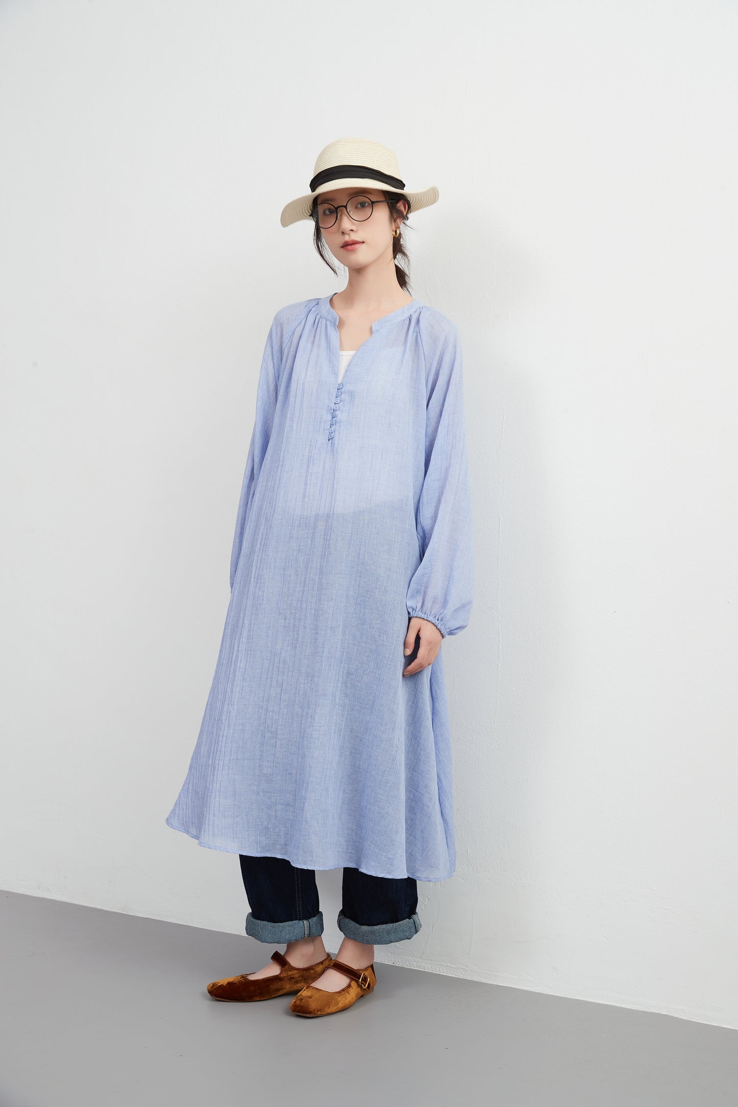 KNXO513 - Lightweight cotton blend sheer long sleeve tunic dress - Convenient for layering - Covers the body