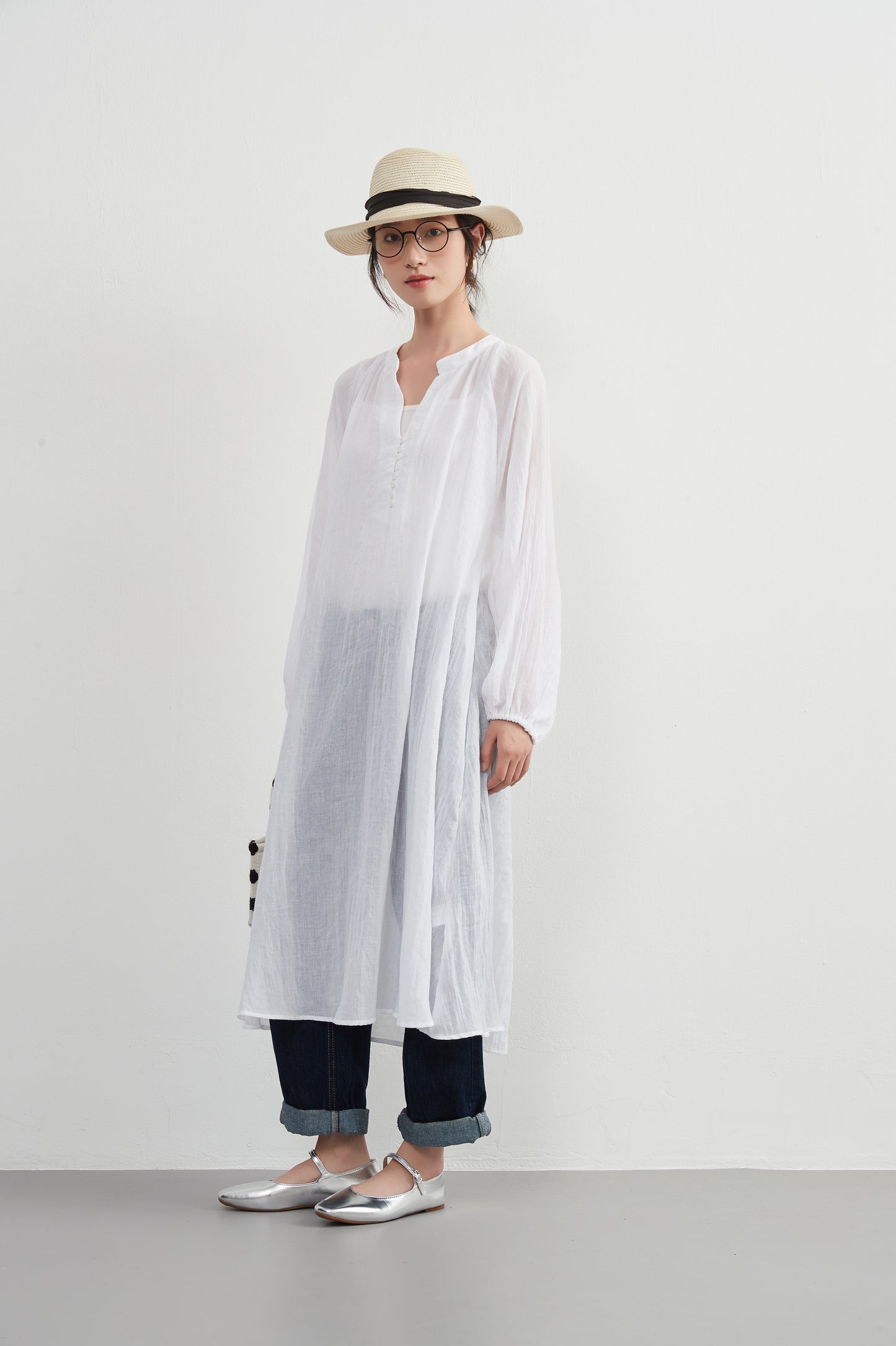 KNXO513 - Lightweight cotton blend sheer long sleeve tunic dress - Convenient for layering - Covers the body