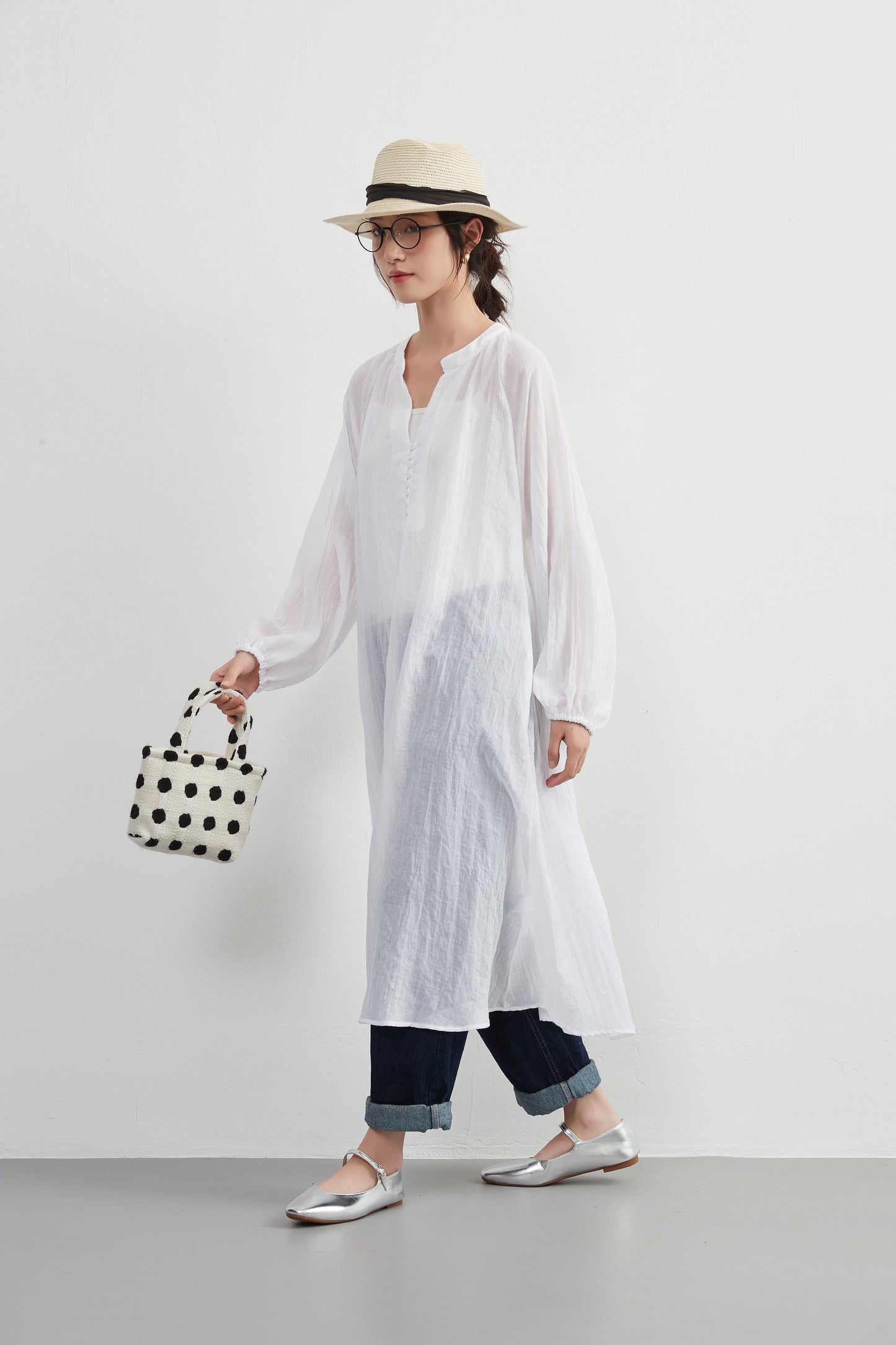 KNXO513 - Lightweight cotton blend sheer long sleeve tunic dress - Convenient for layering - Covers the body