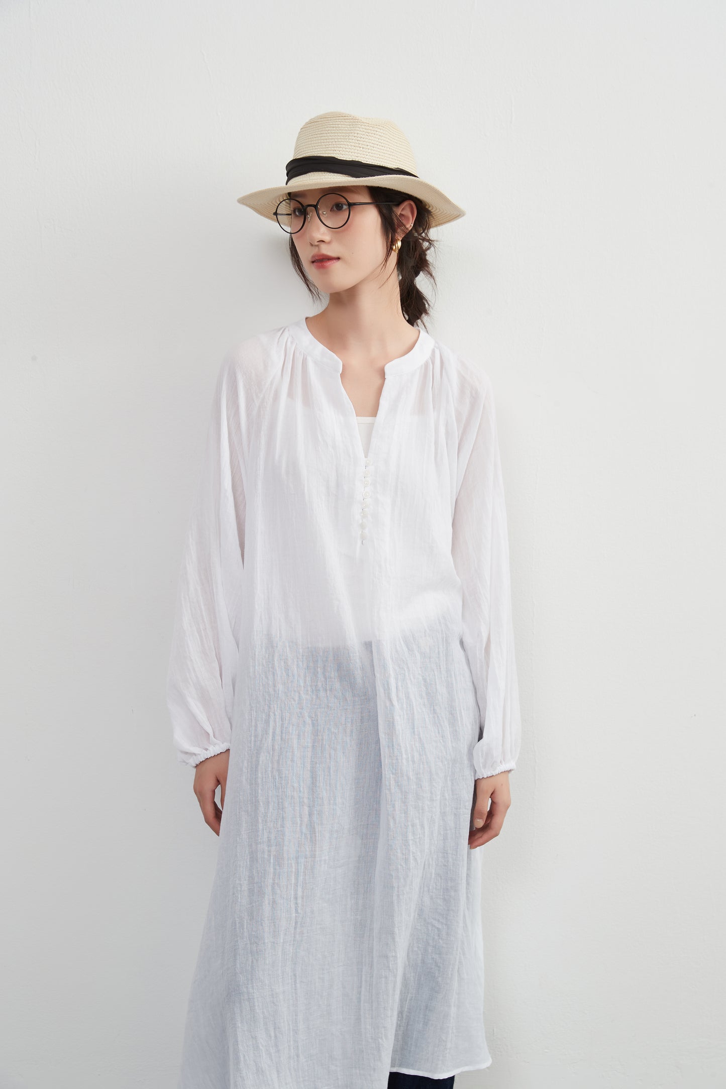 KNXO513 - Lightweight cotton blend sheer long sleeve tunic dress - Convenient for layering - Covers the body