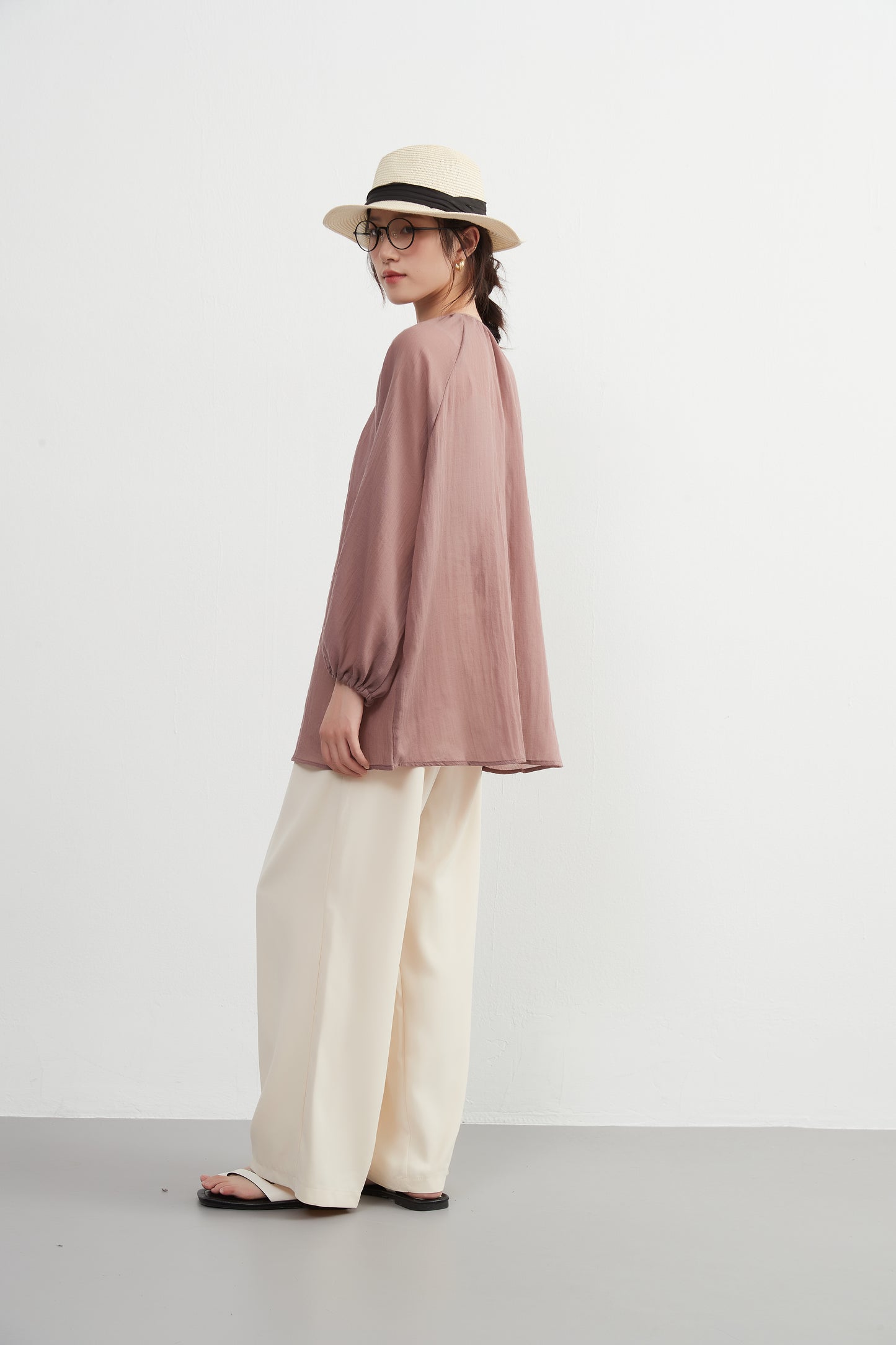 KNXT518 - Sheer cotton blend long sleeve gathered blouse, protection from the sun and air conditioning, lightweight cardigan in a pretty color