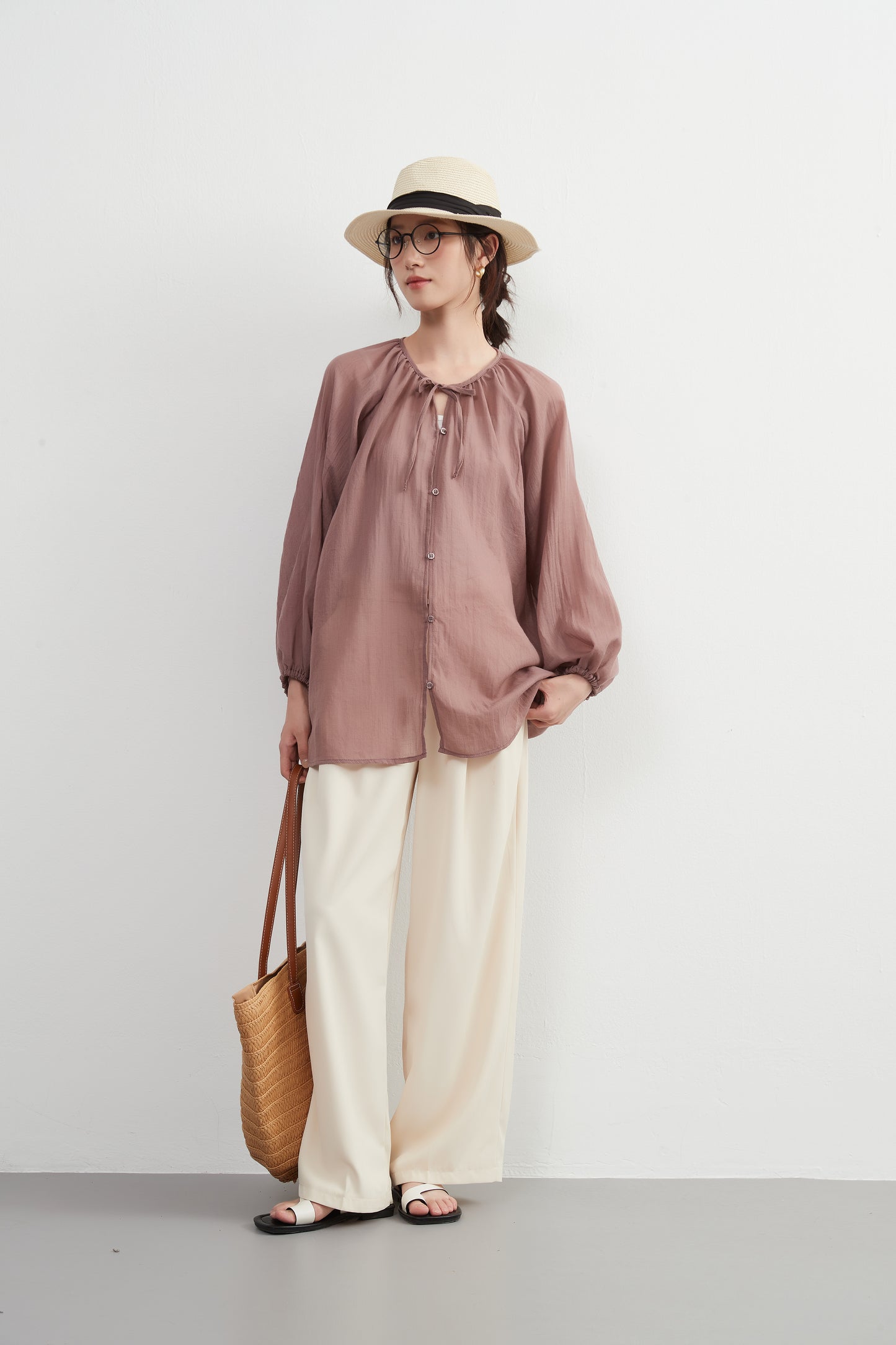 KNXT518 - Sheer cotton blend long sleeve gathered blouse, protection from the sun and air conditioning, lightweight cardigan in a pretty color