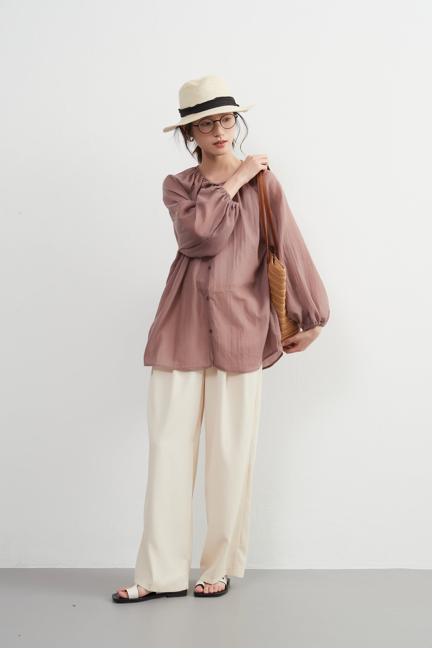 KNXT518 - Sheer cotton blend long sleeve gathered blouse, protection from the sun and air conditioning, lightweight cardigan in a pretty color