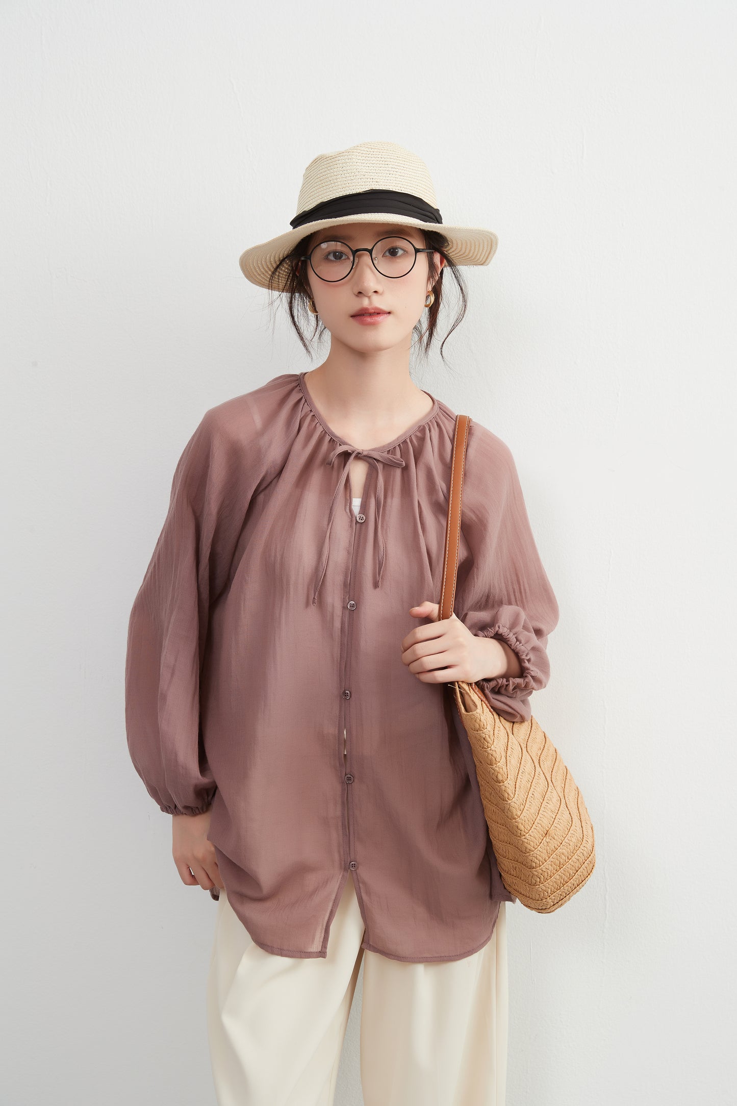 KNXT518 - Sheer cotton blend long sleeve gathered blouse, protection from the sun and air conditioning, lightweight cardigan in a pretty color