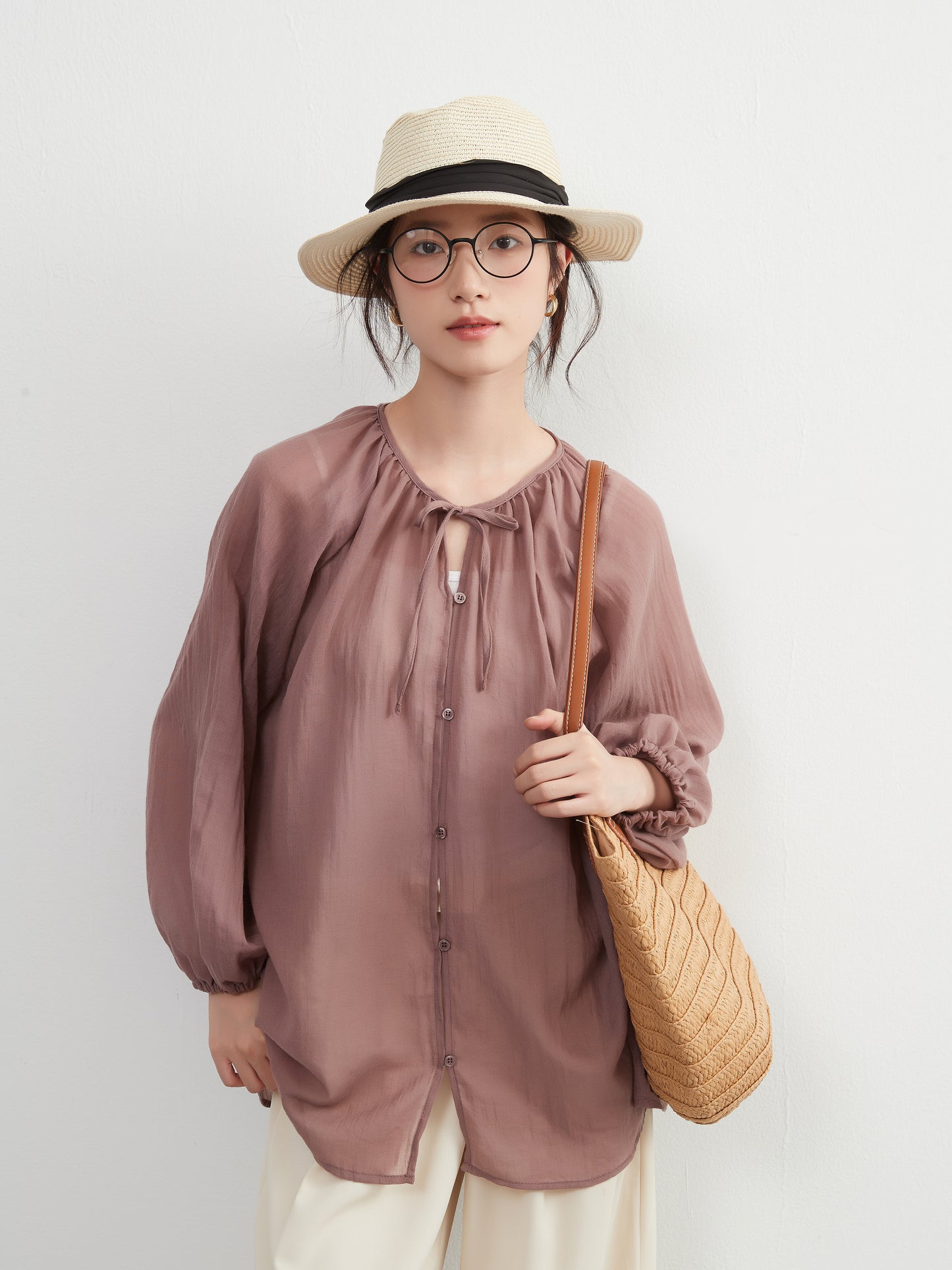 KNXT518 - Sheer cotton blend long sleeve gathered blouse, protection from the sun and air conditioning, lightweight cardigan in a pretty color