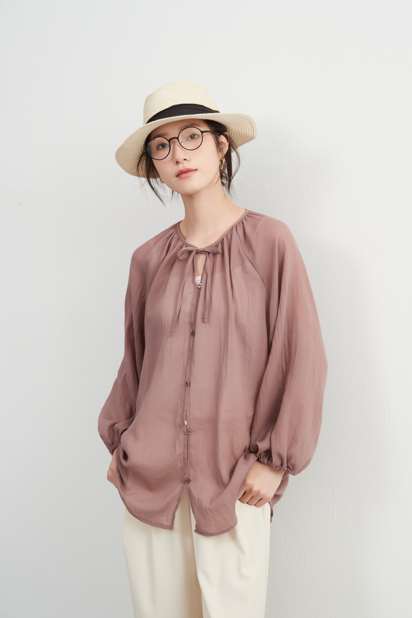 KNXT518 - Sheer cotton blend long sleeve gathered blouse, protection from the sun and air conditioning, lightweight cardigan in a pretty color