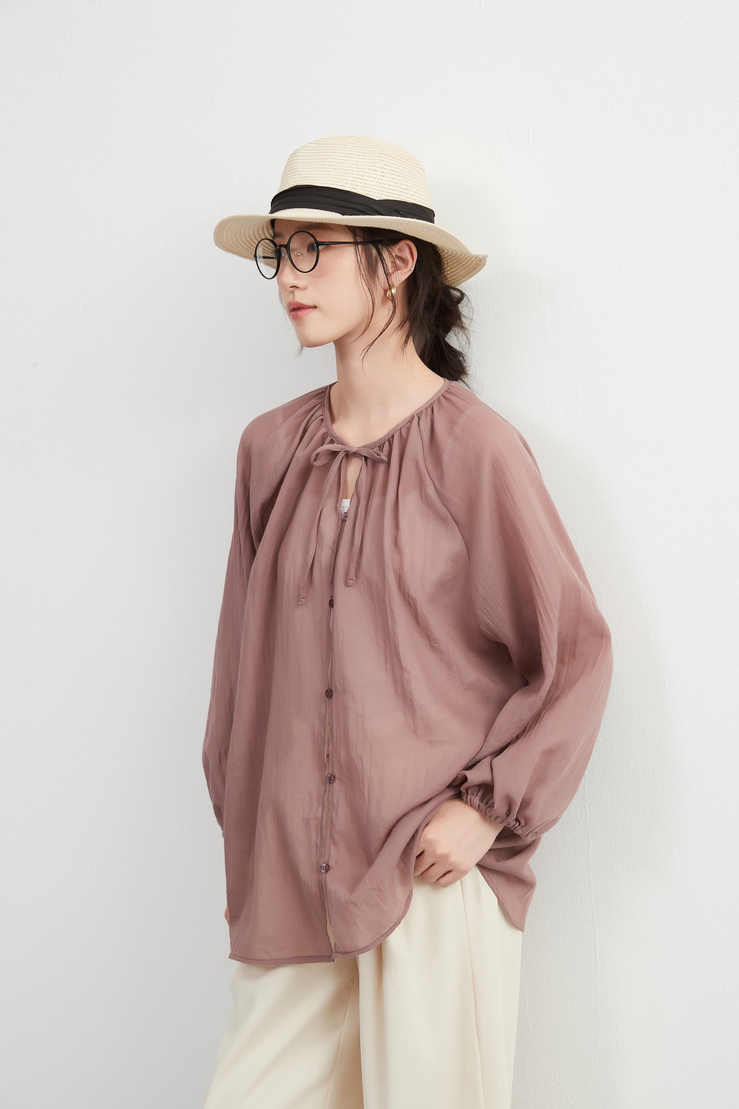 KNXT518 - Sheer cotton blend long sleeve gathered blouse, protection from the sun and air conditioning, lightweight cardigan in a pretty color