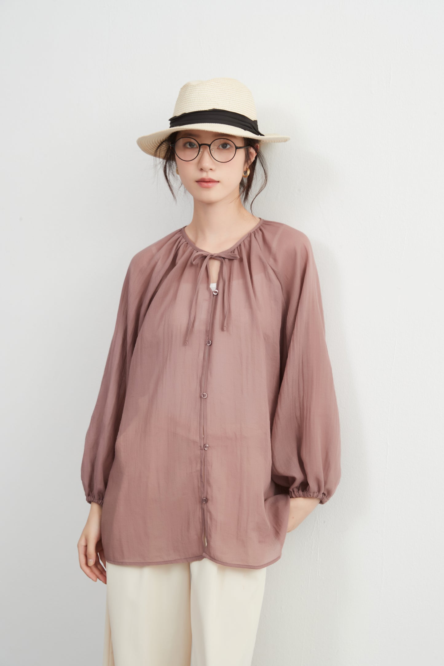 KNXT518 - Sheer cotton blend long sleeve gathered blouse, protection from the sun and air conditioning, lightweight cardigan in a pretty color