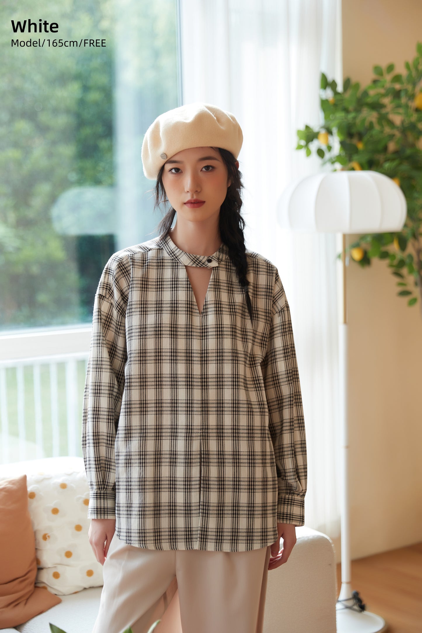 KNST344-BLACK Choker neck center slit check long sleeve blouse