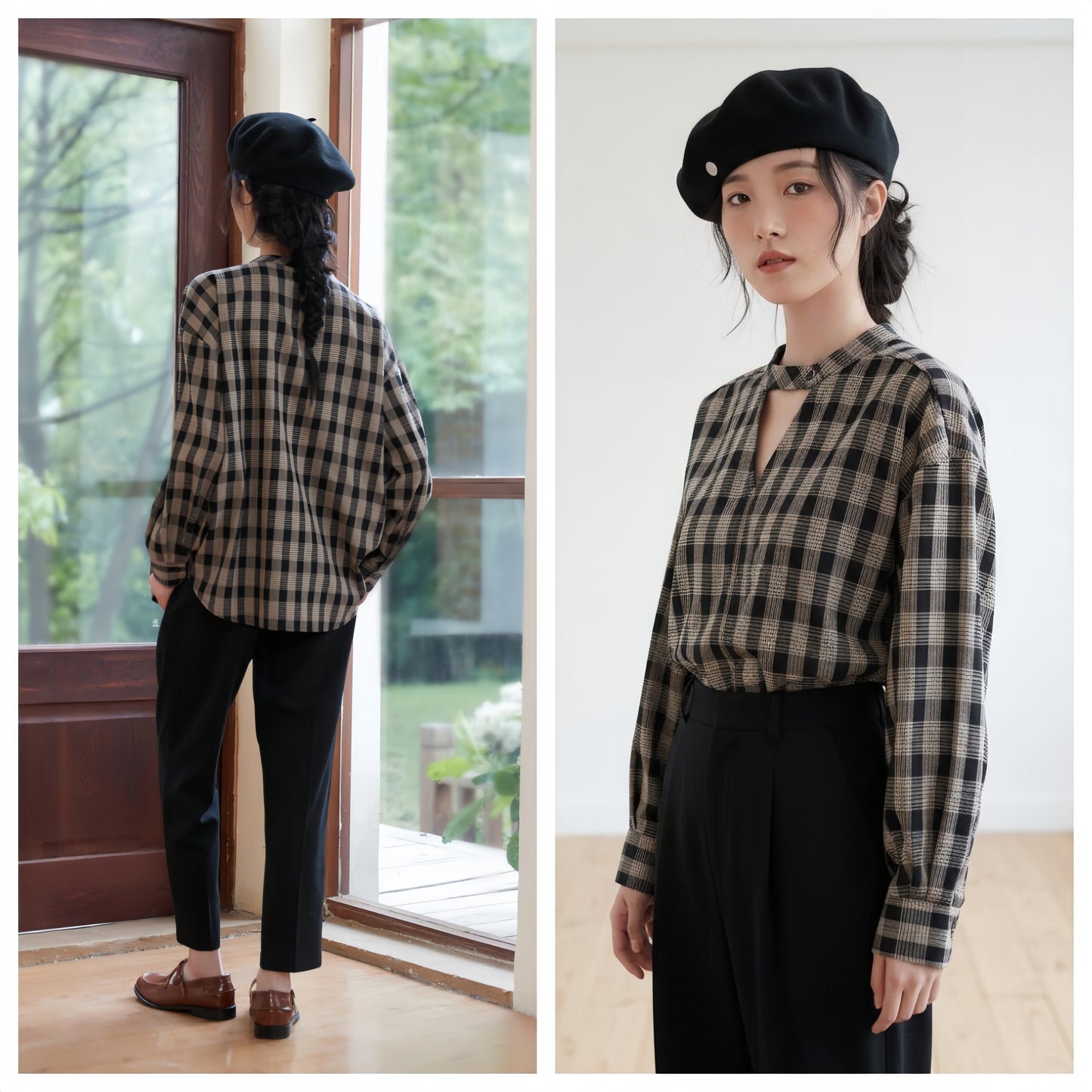 KNST344-BLACK Choker neck center slit check long sleeve blouse