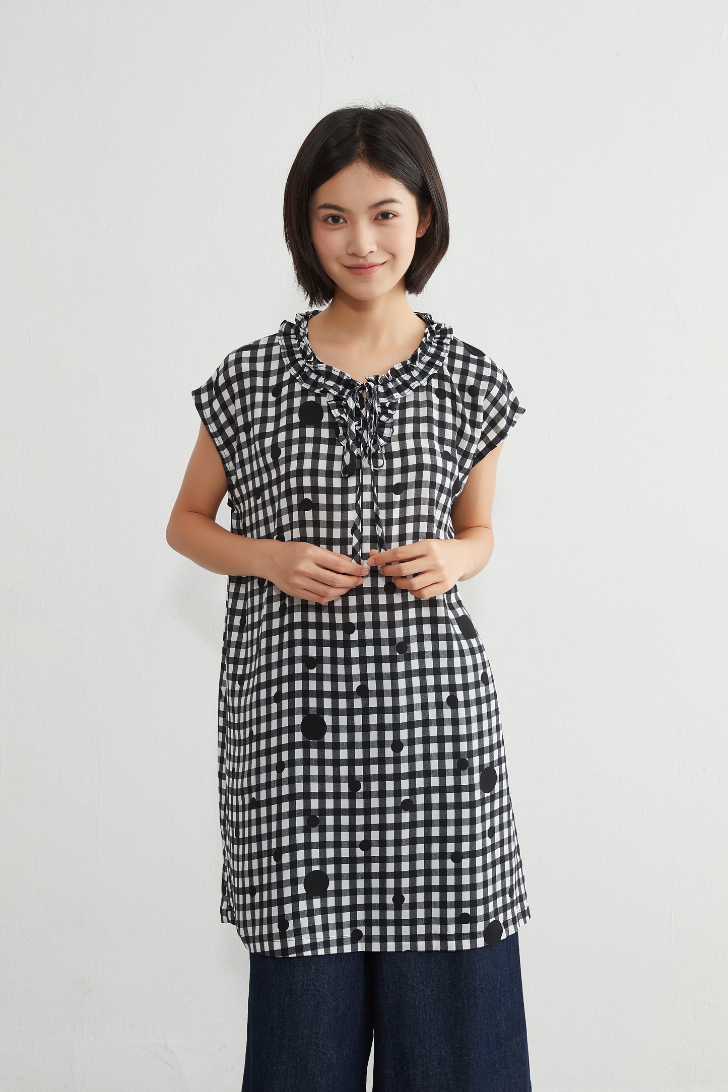 KNGT637・チェック水玉プリントフリル衿のとろみデシンチュニック丈ノースリーブワンピース