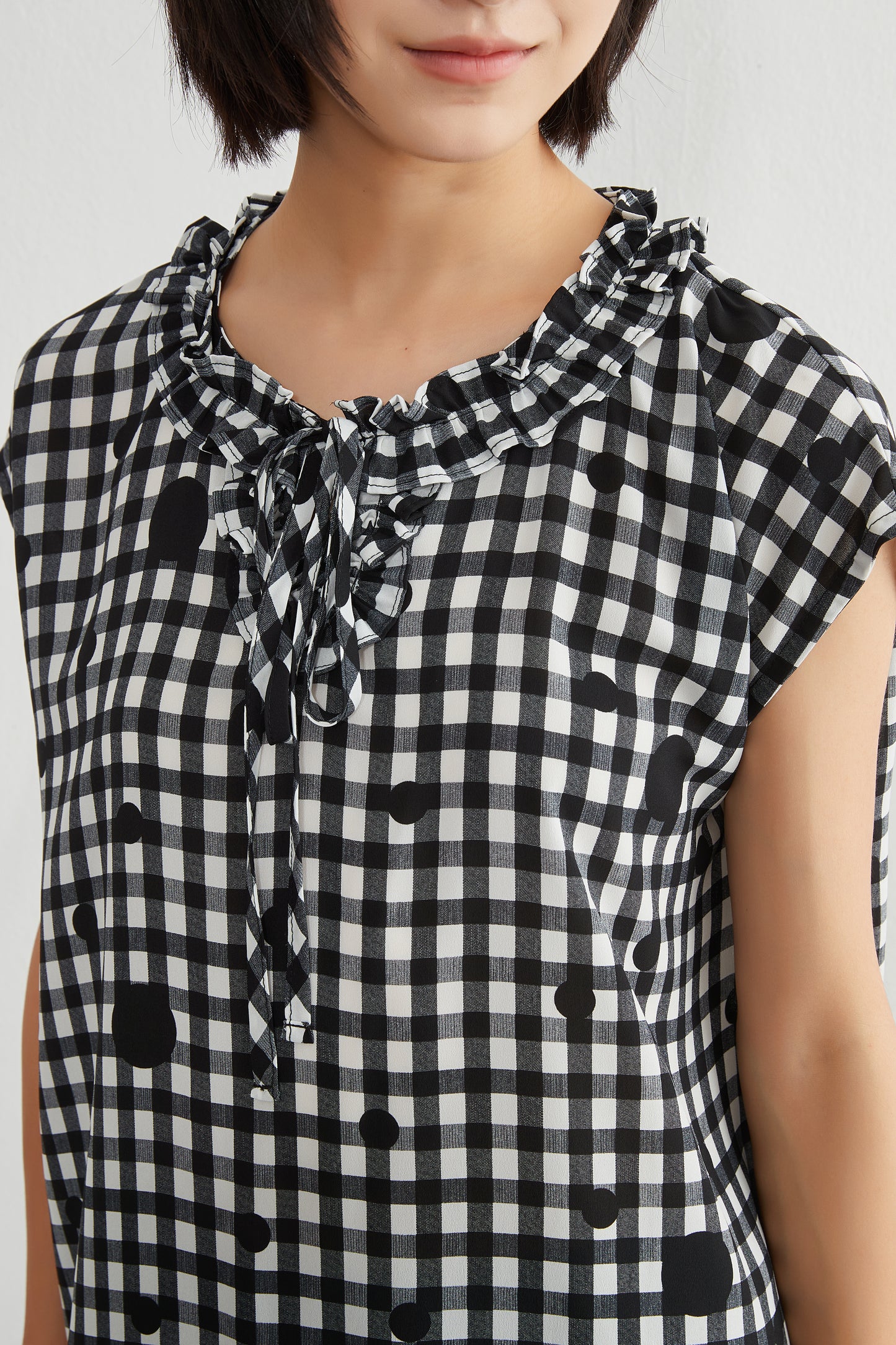 KNGT637・チェック水玉プリントフリル衿のとろみデシンチュニック丈ノースリーブワンピース