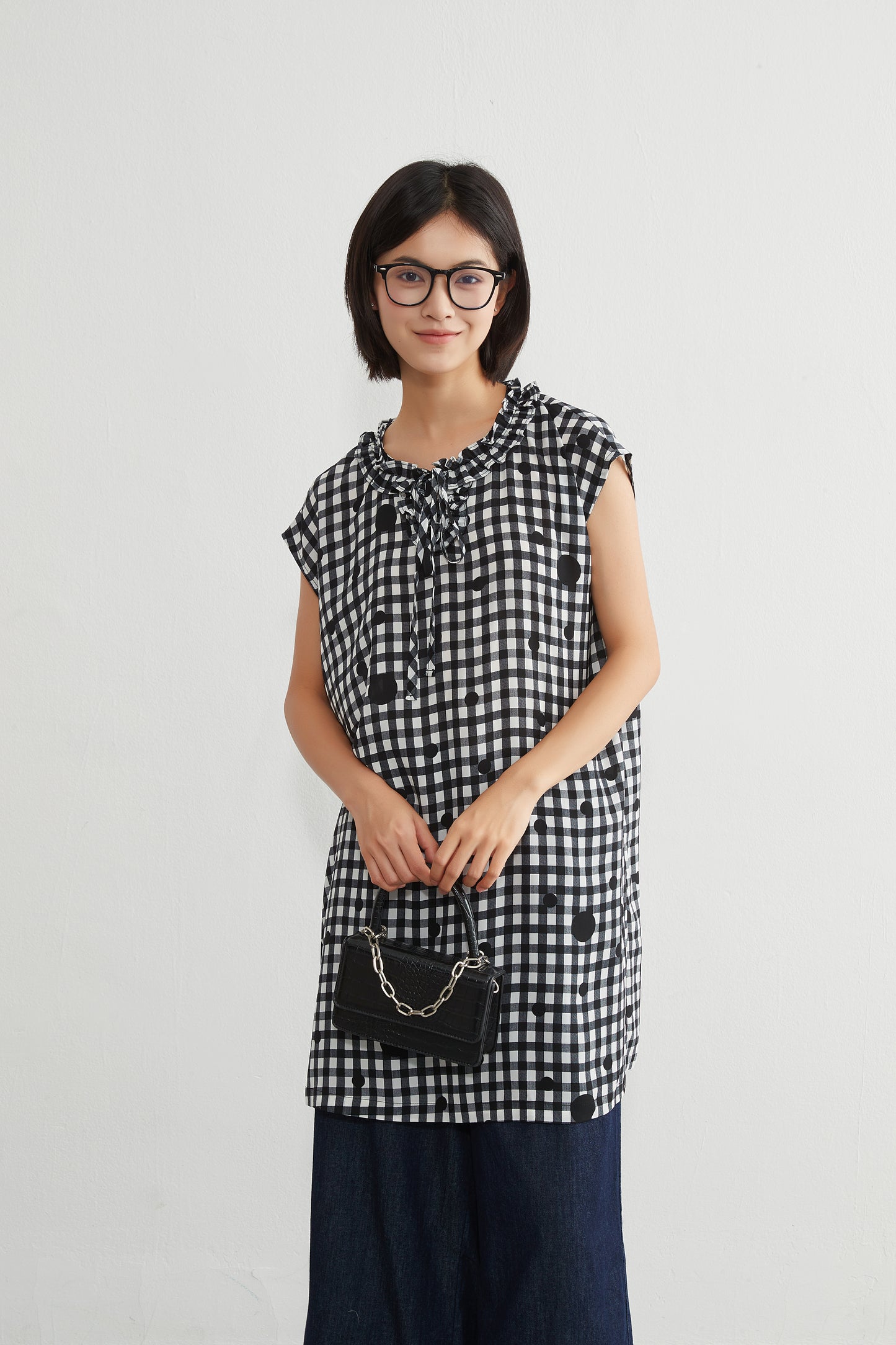 KNGT637・チェック水玉プリントフリル衿のとろみデシンチュニック丈ノースリーブワンピース