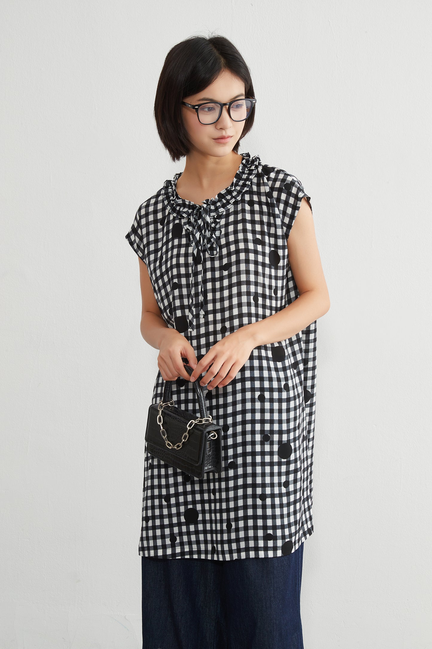 KNGT637・チェック水玉プリントフリル衿のとろみデシンチュニック丈ノースリーブワンピース