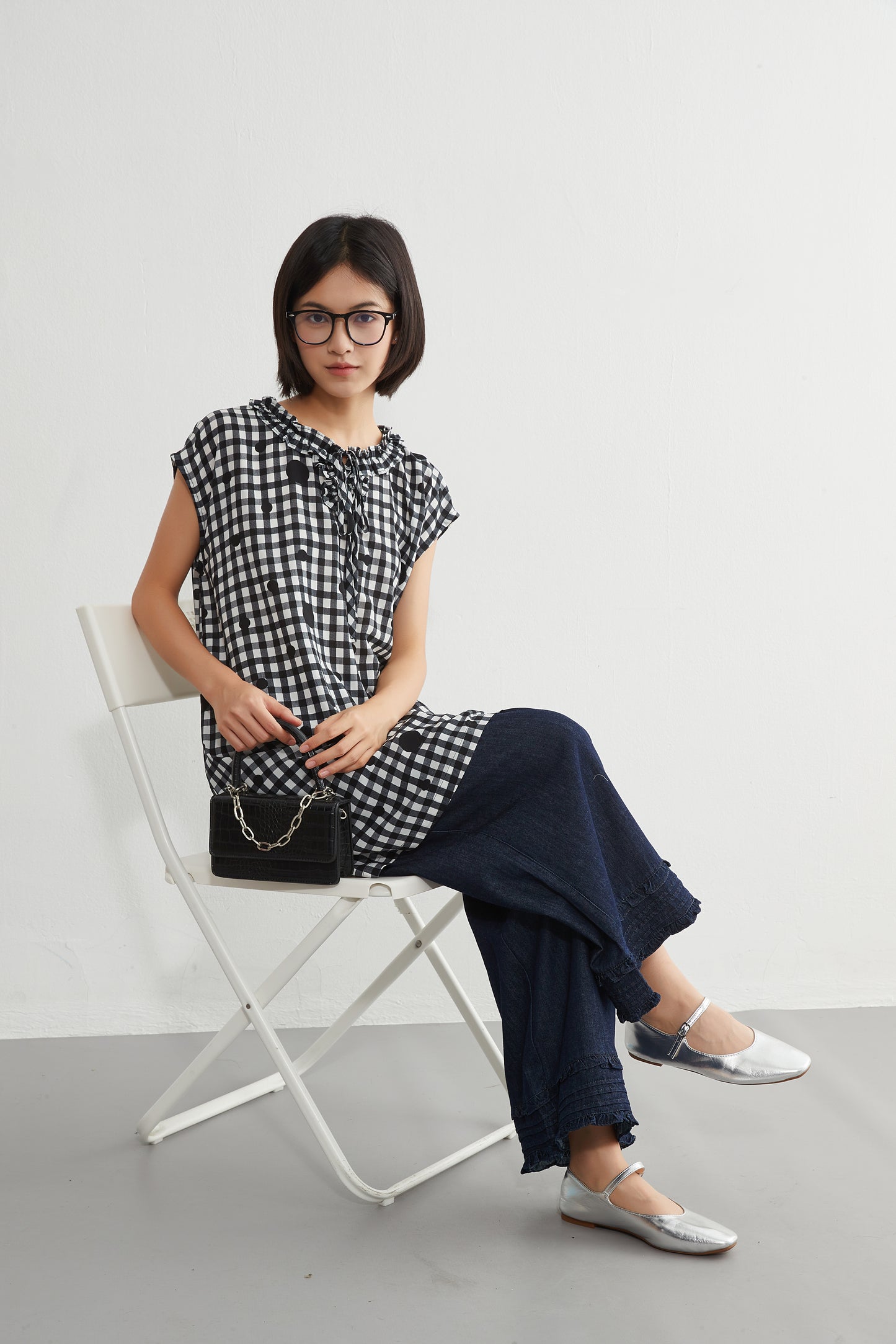 KNGT637・チェック水玉プリントフリル衿のとろみデシンチュニック丈ノースリーブワンピース