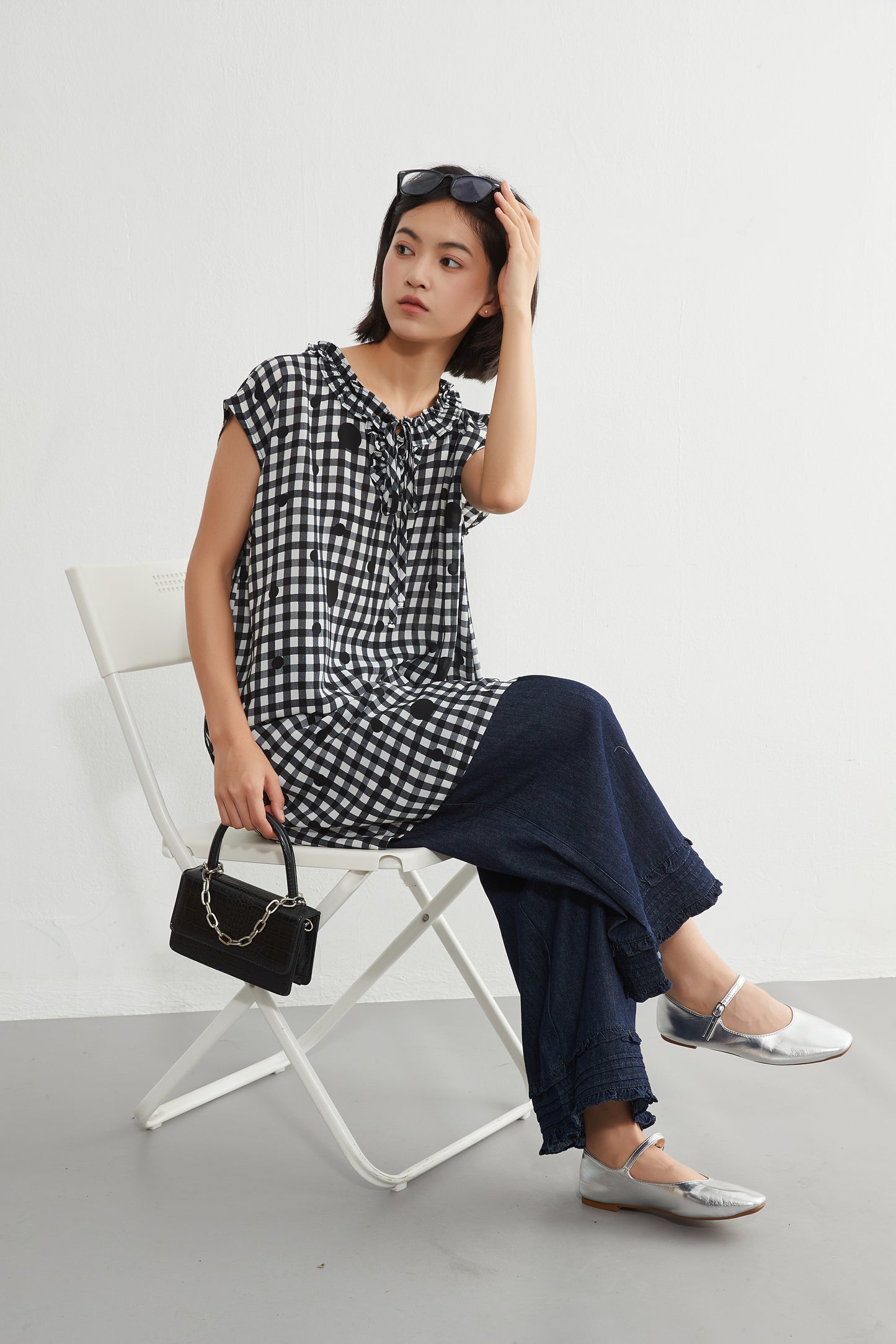 KNGT637・チェック水玉プリントフリル衿のとろみデシンチュニック丈ノースリーブワンピース