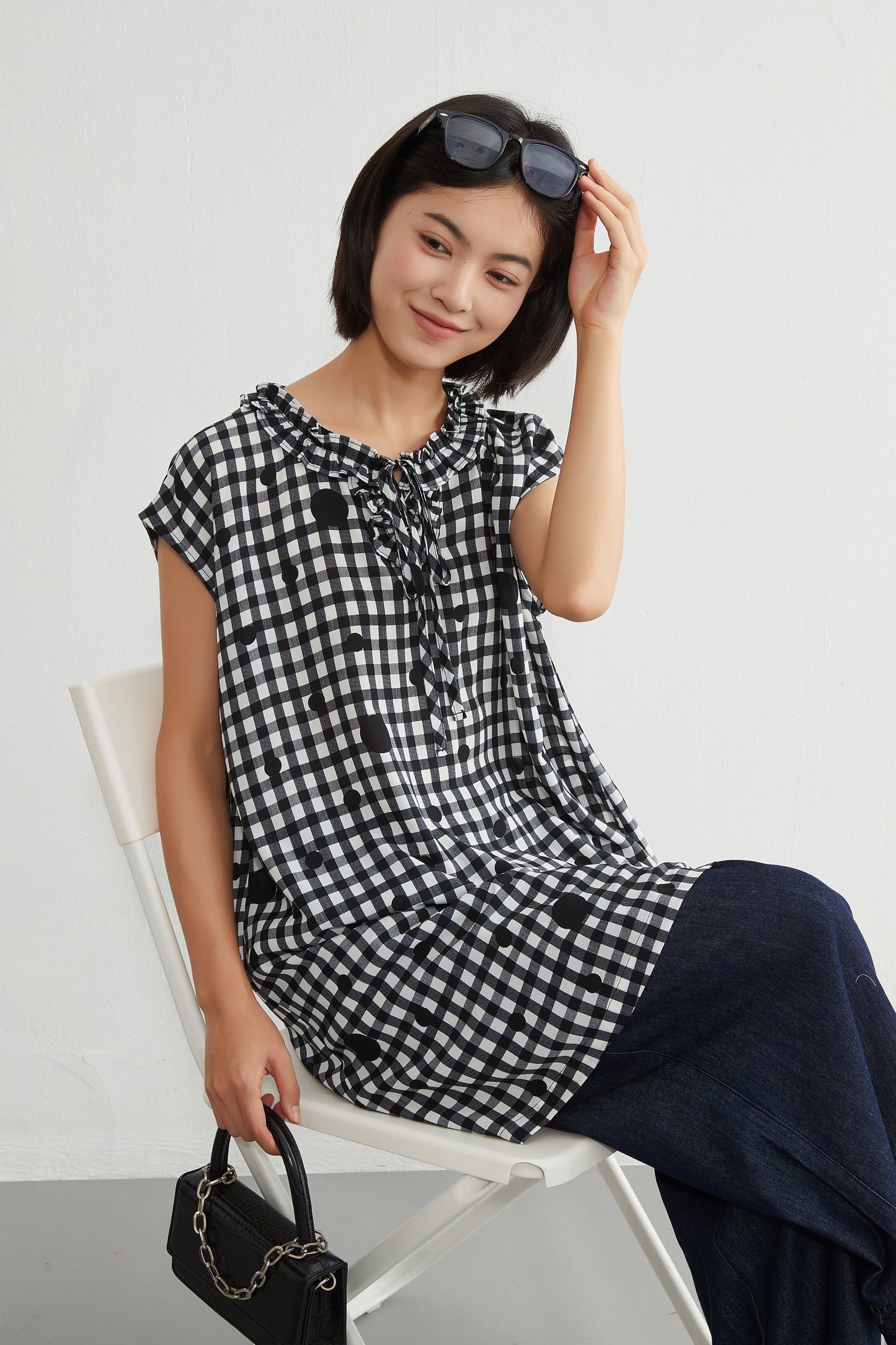 KNGT637・チェック水玉プリントフリル衿のとろみデシンチュニック丈ノースリーブワンピース