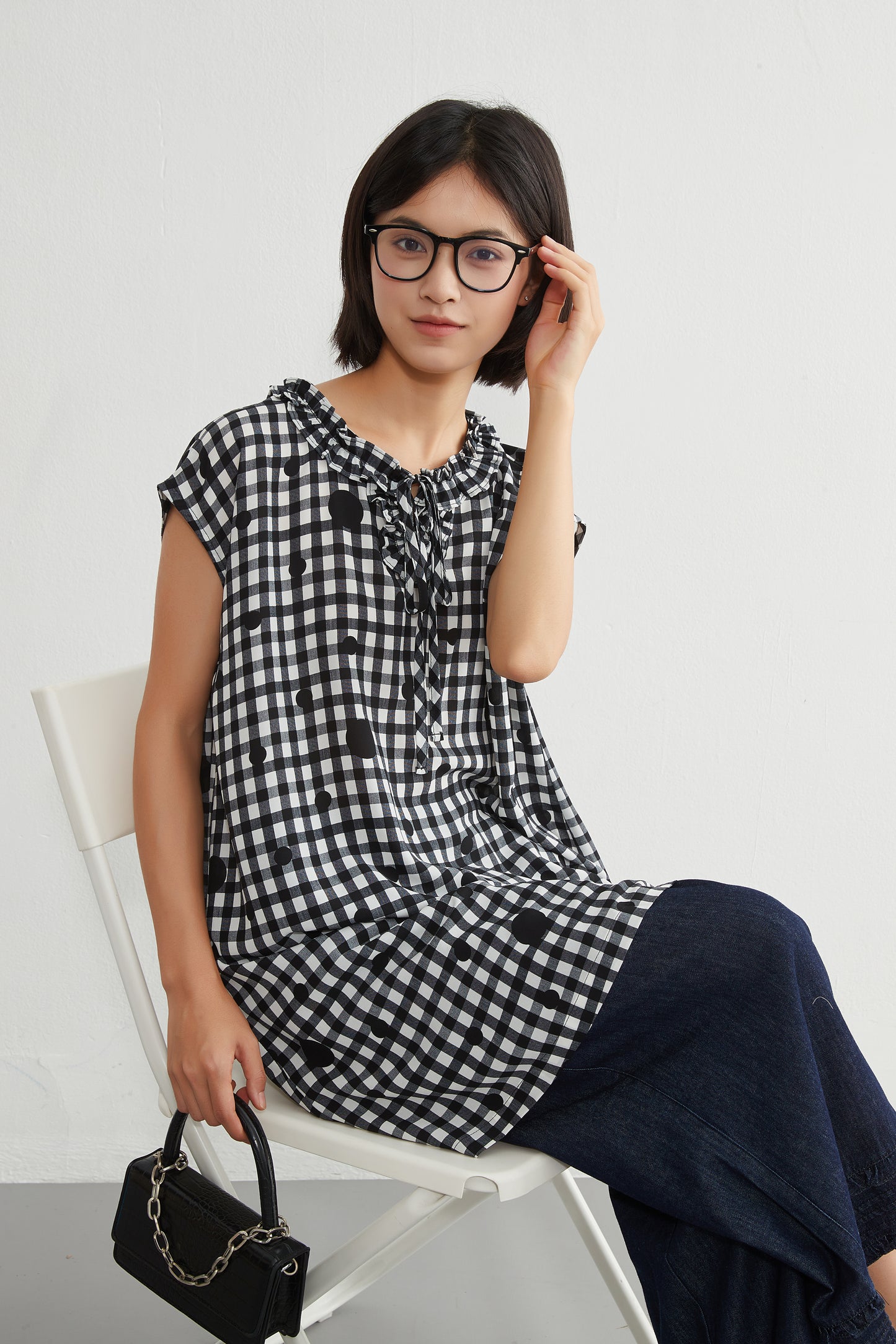 KNGT637・チェック水玉プリントフリル衿のとろみデシンチュニック丈ノースリーブワンピース