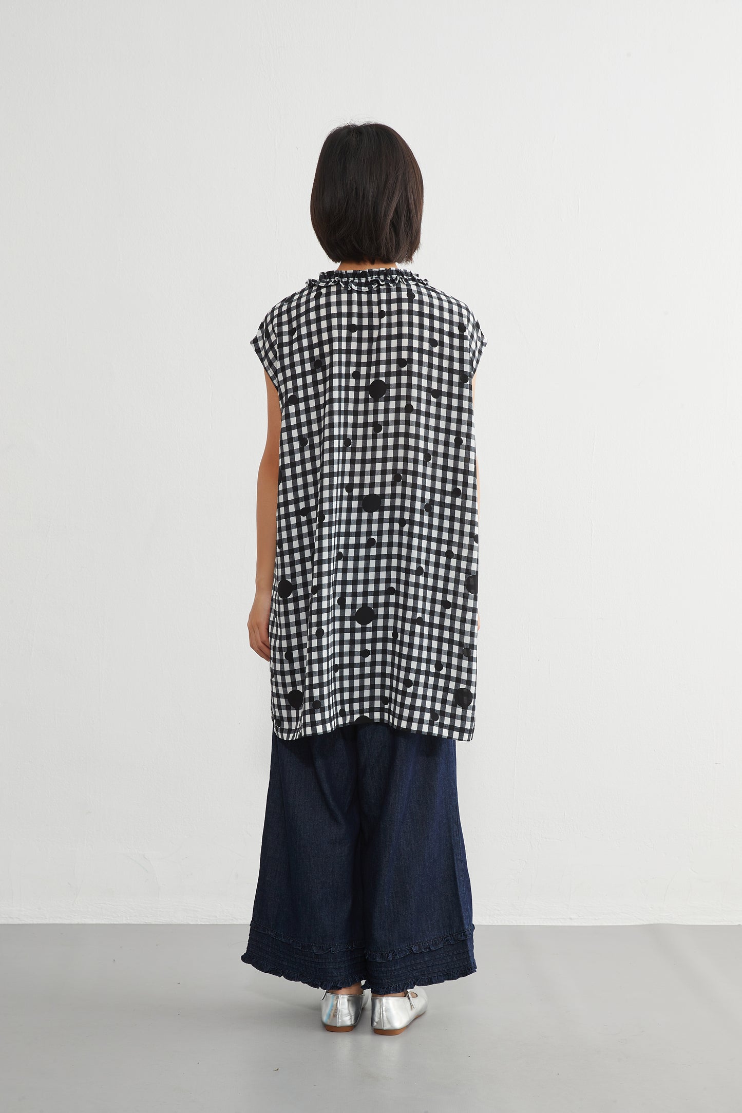 KNGT637・チェック水玉プリントフリル衿のとろみデシンチュニック丈ノースリーブワンピース