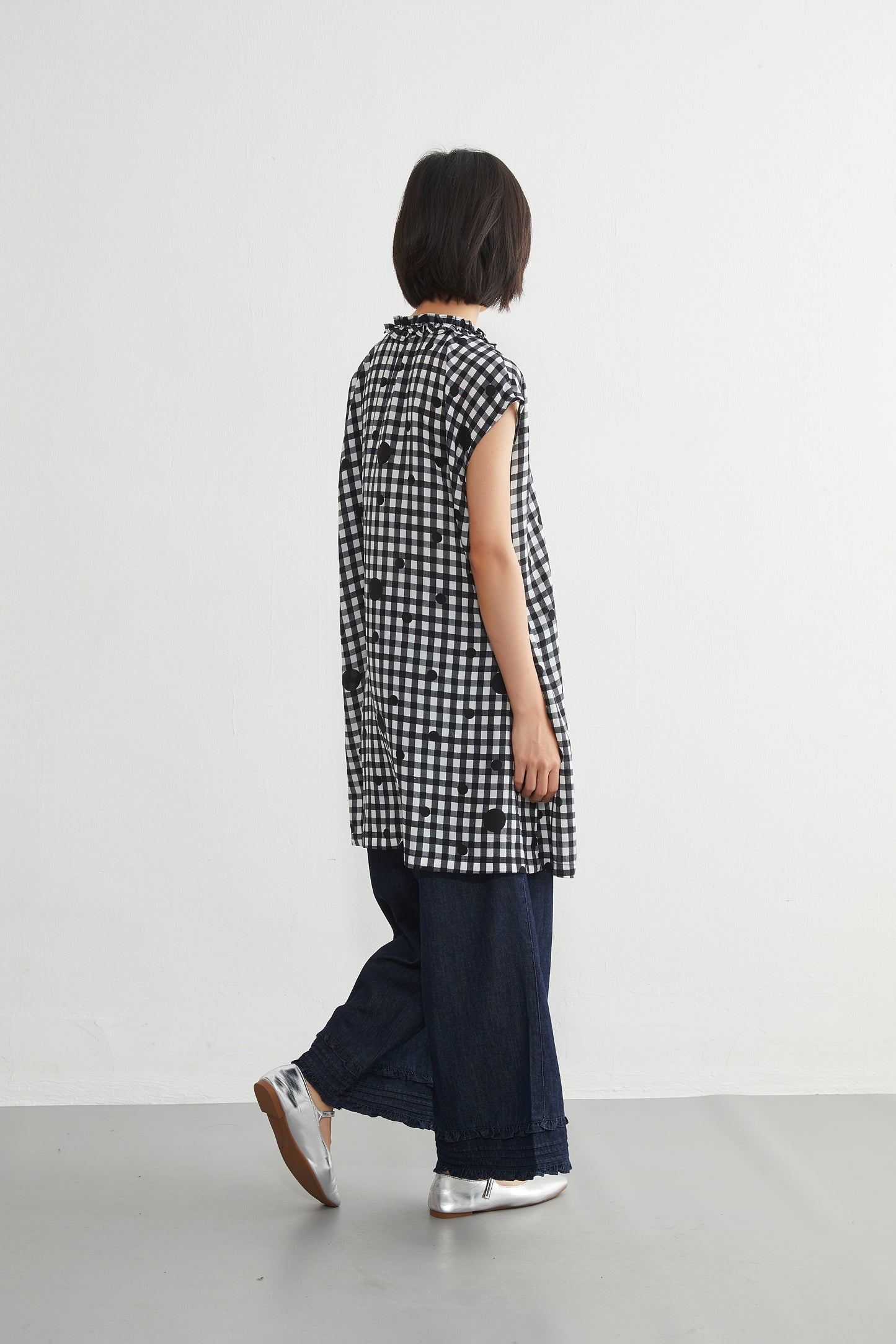 KNGT637・チェック水玉プリントフリル衿のとろみデシンチュニック丈ノースリーブワンピース