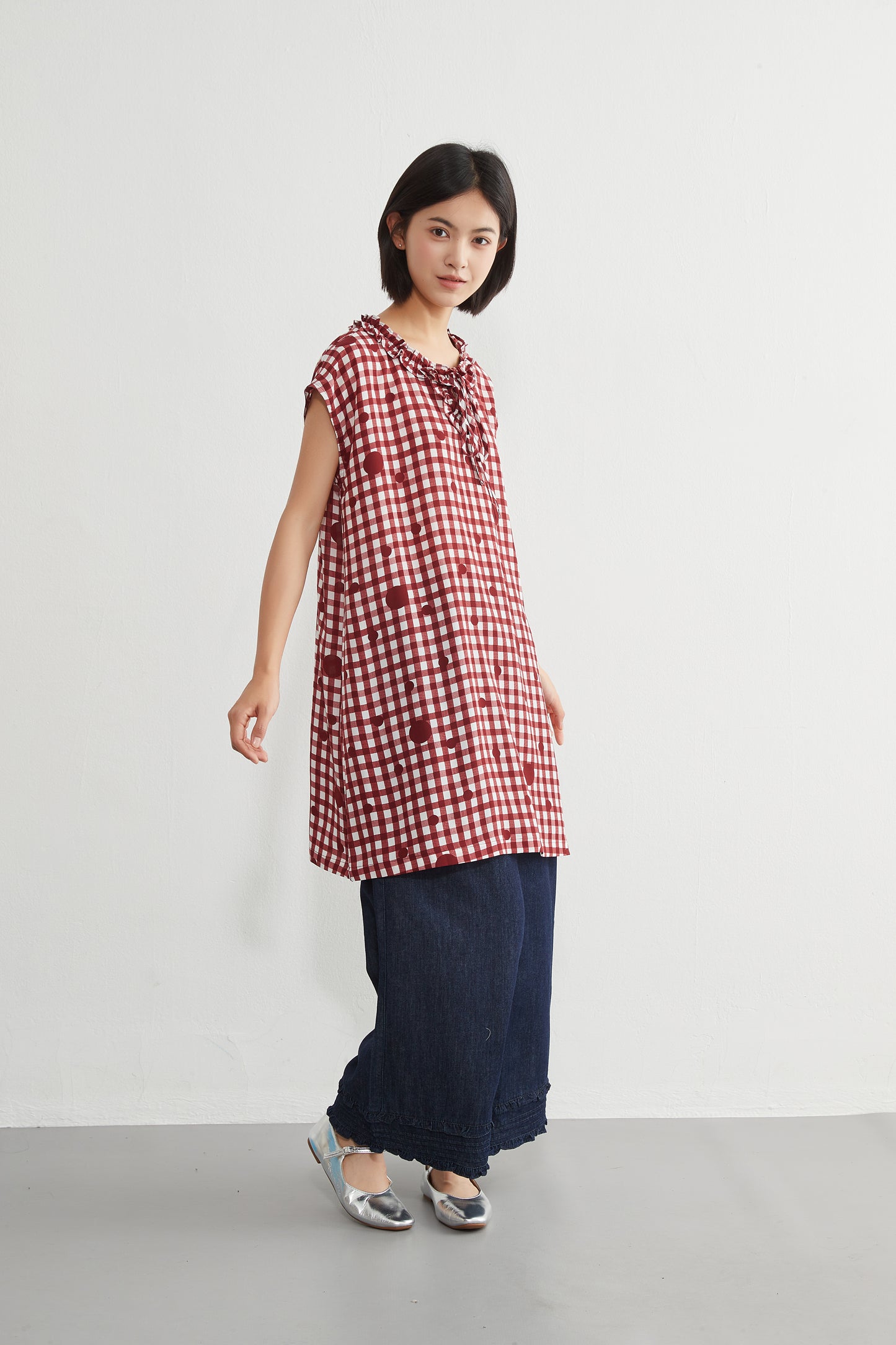 KNGT637・チェック水玉プリントフリル衿のとろみデシンチュニック丈ノースリーブワンピース