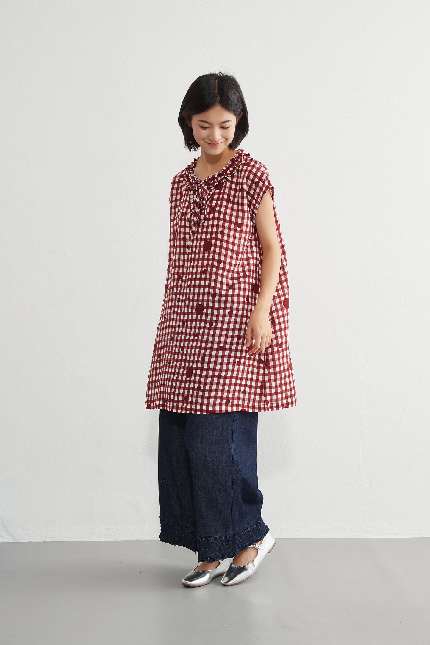 KNGT637・チェック水玉プリントフリル衿のとろみデシンチュニック丈ノースリーブワンピース