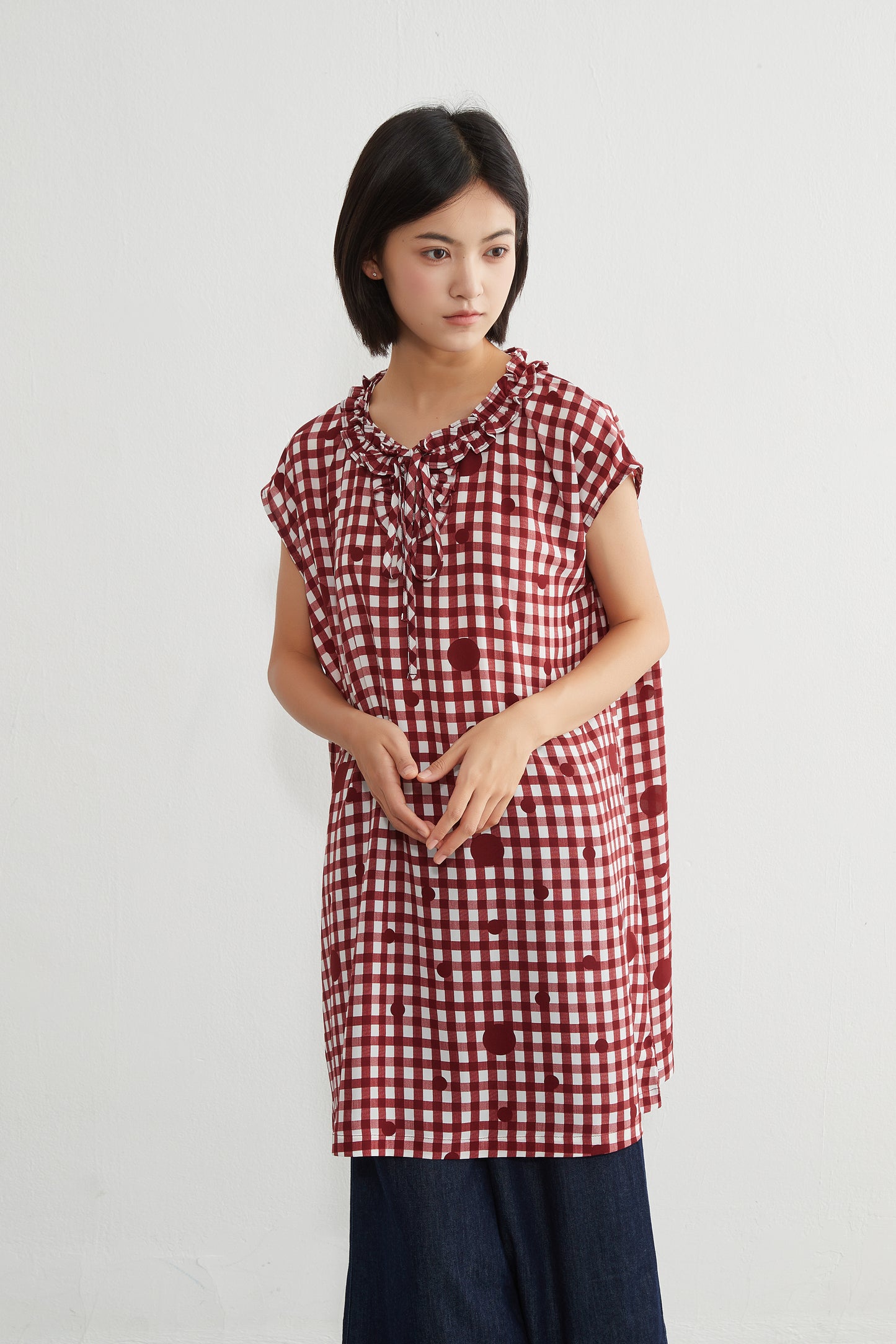 KNGT637・チェック水玉プリントフリル衿のとろみデシンチュニック丈ノースリーブワンピース